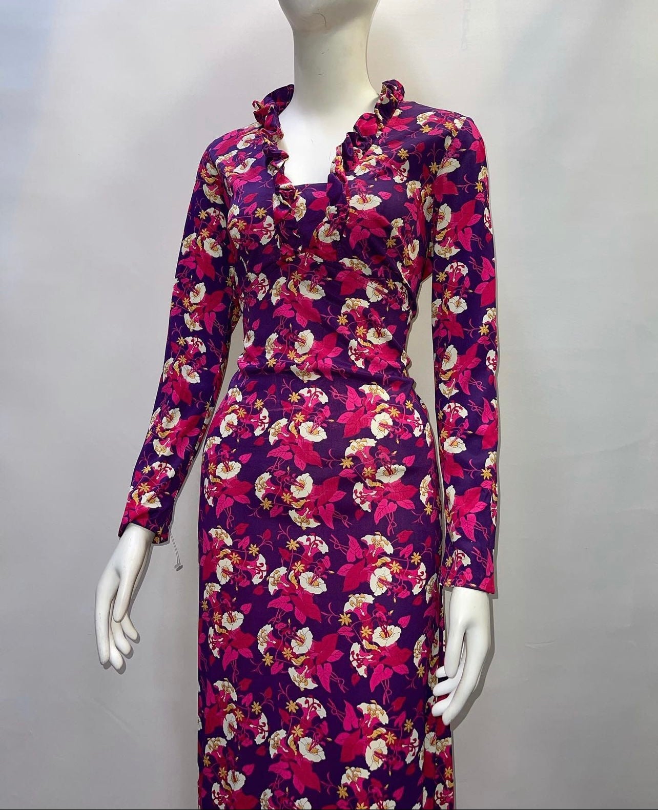Vintage 1970s Floral Long Sleeve Maxi Dress (XS)