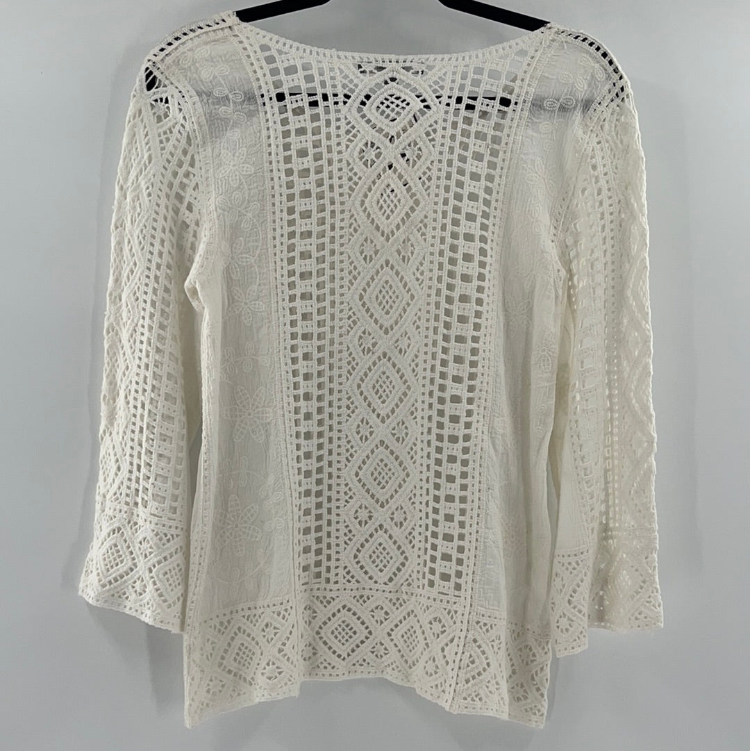 Blue Tassel White Cotton Crochet Blouse (XS)