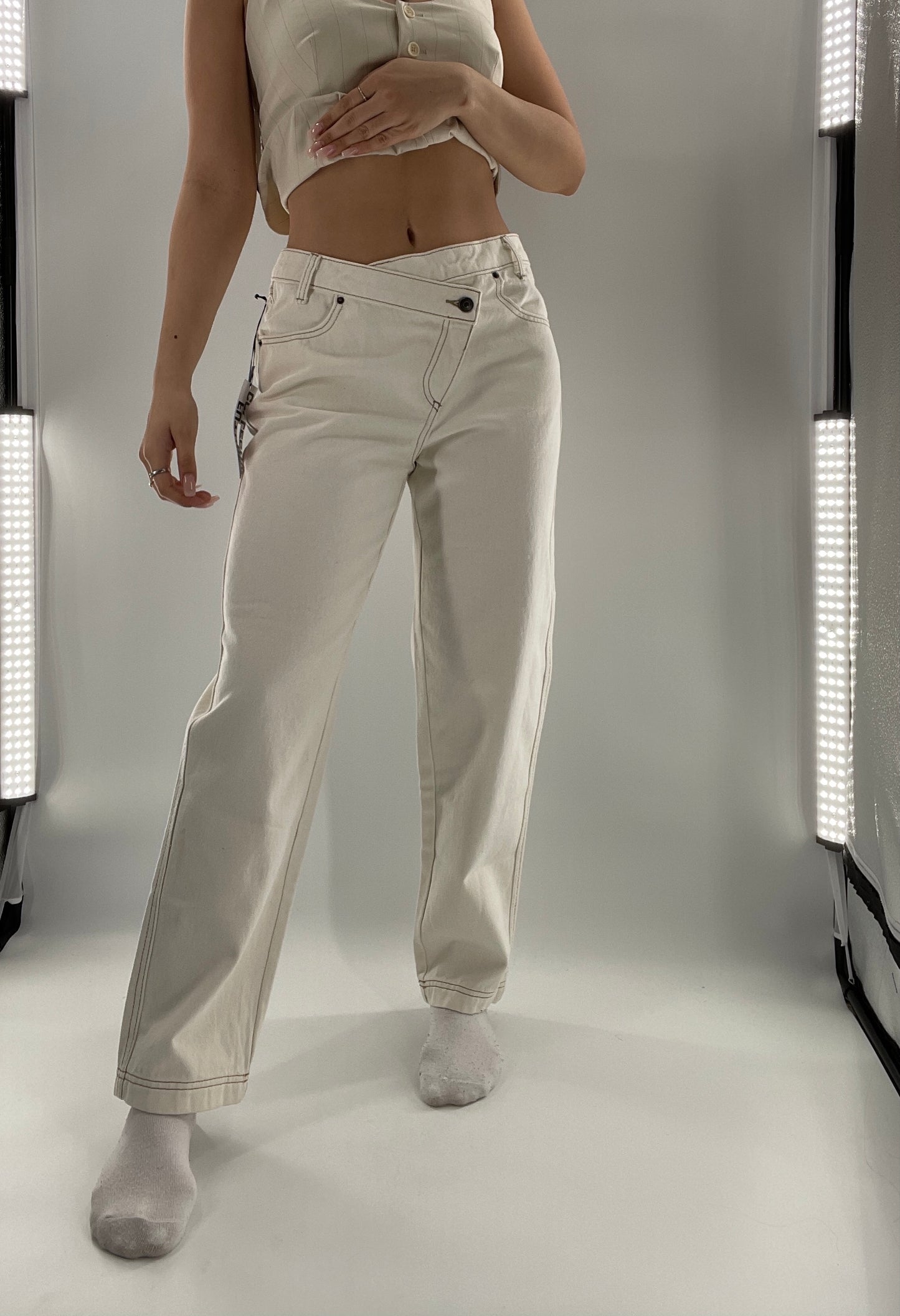 Future Collective Beige Mid Rise Tapered Leg Jeans Assymetric Waistline (4)