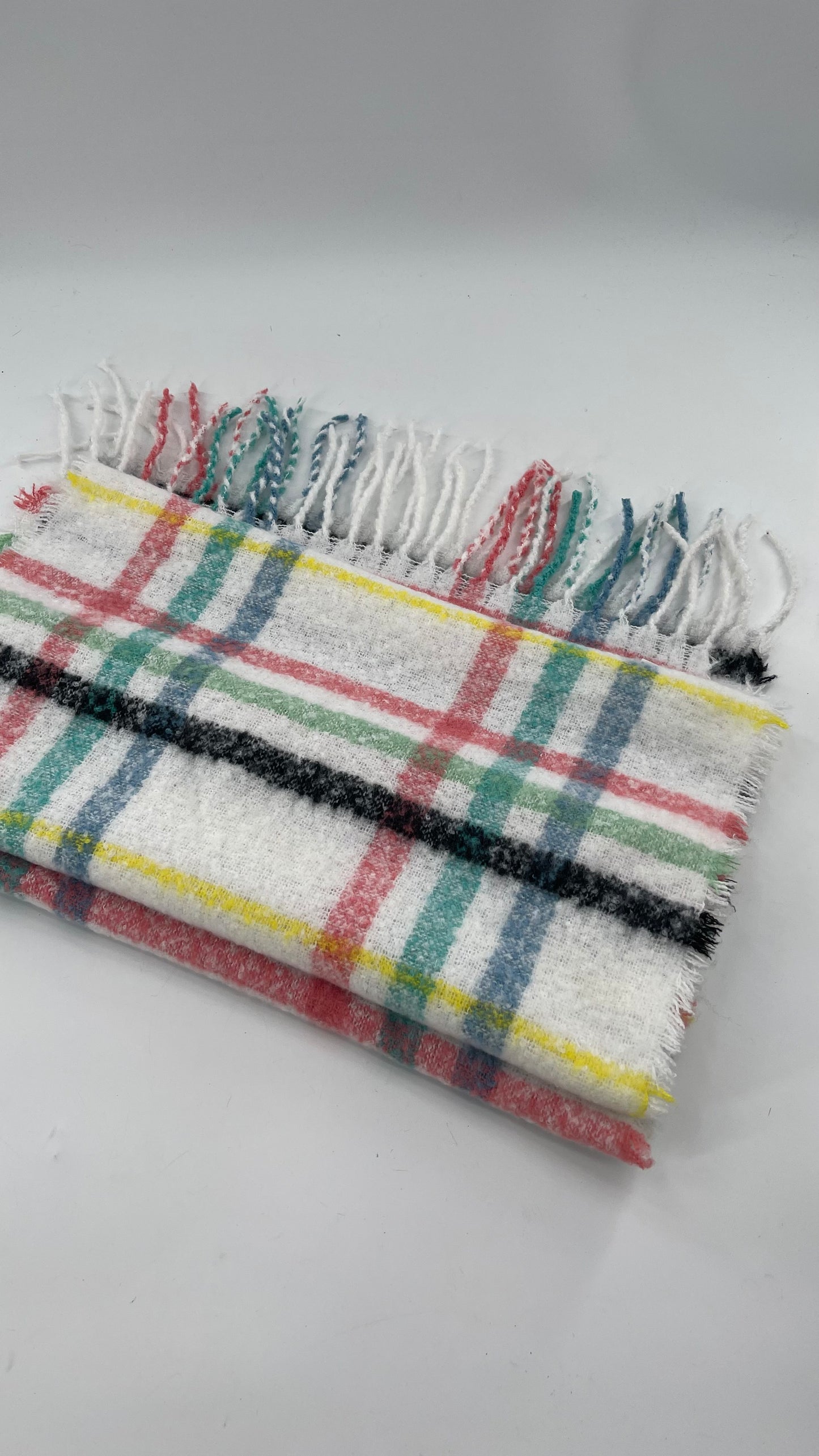 Aerie White Scarf with Colorful Flannel Pattern + Fringe