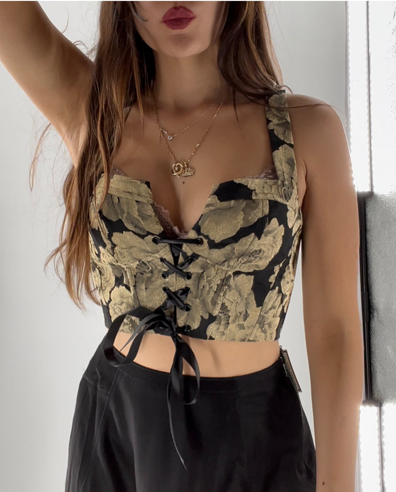 Urban Outfitters Gold/Black Brocade Corset (Medium)