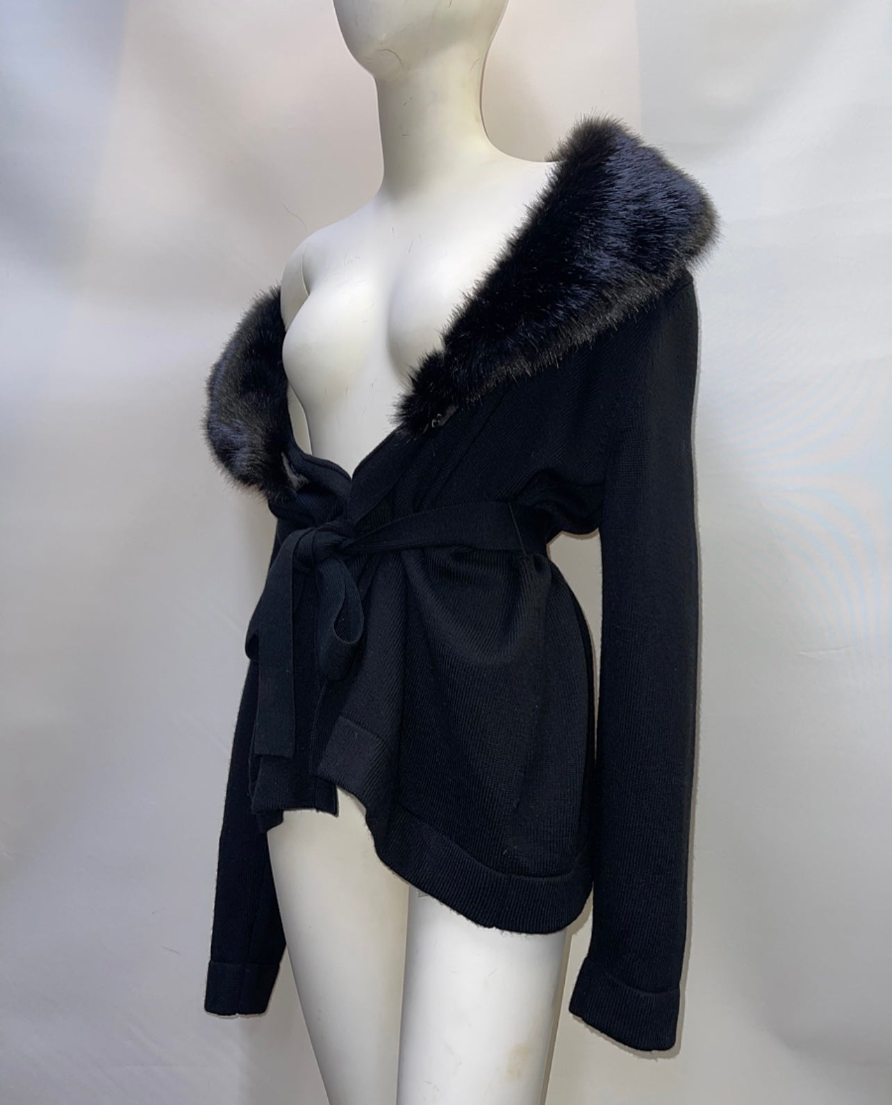 Talbots Black Jacket Cardigan with Fur Collar and Belt (Size L)