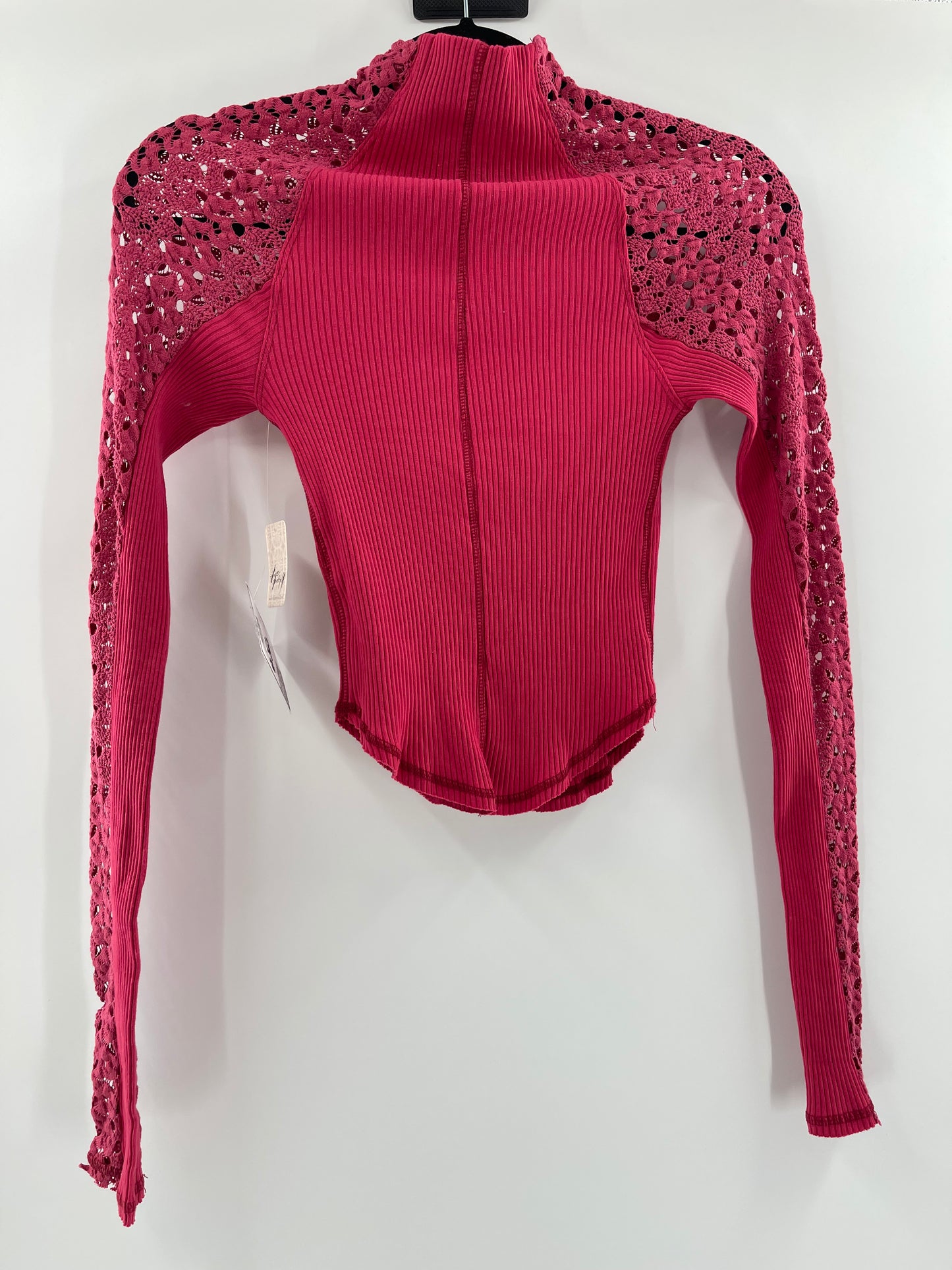 Free People Red Ribbed Knit + Lace Mock Neck (XS)