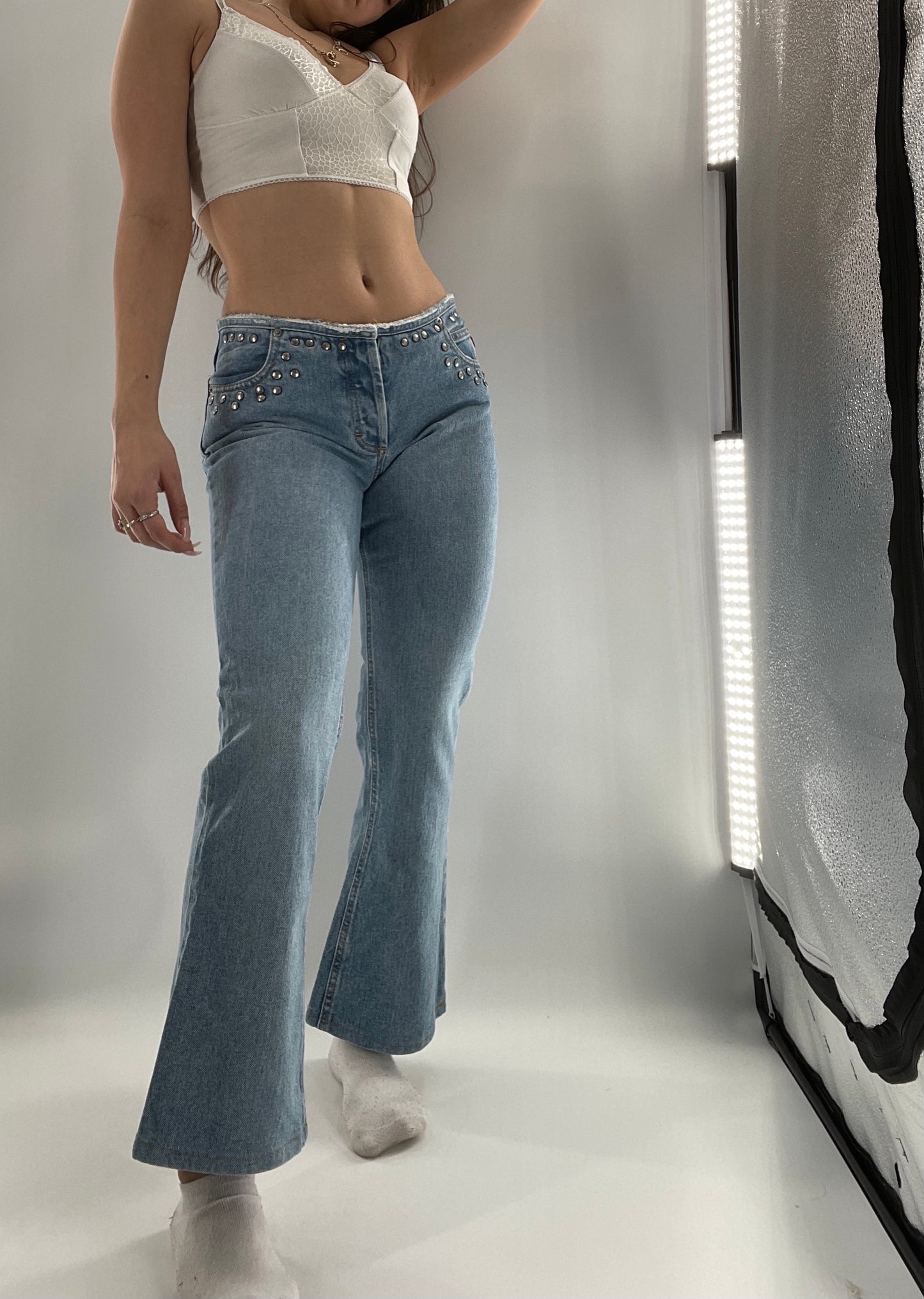 Vintage Mudd Light Wash Studded Jeans with Frayed Waistline (9)