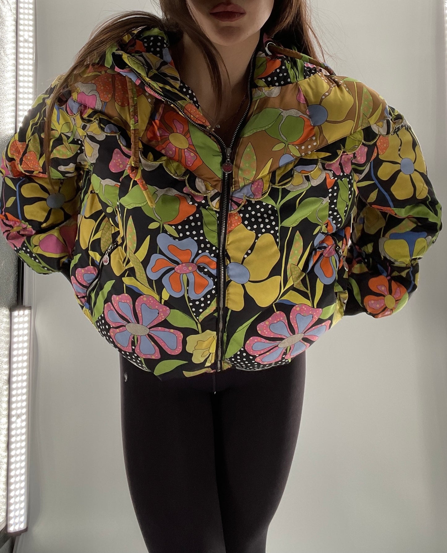 CELIA B Oregon Black Puffer with Contrast Colorful Flowers (Small)