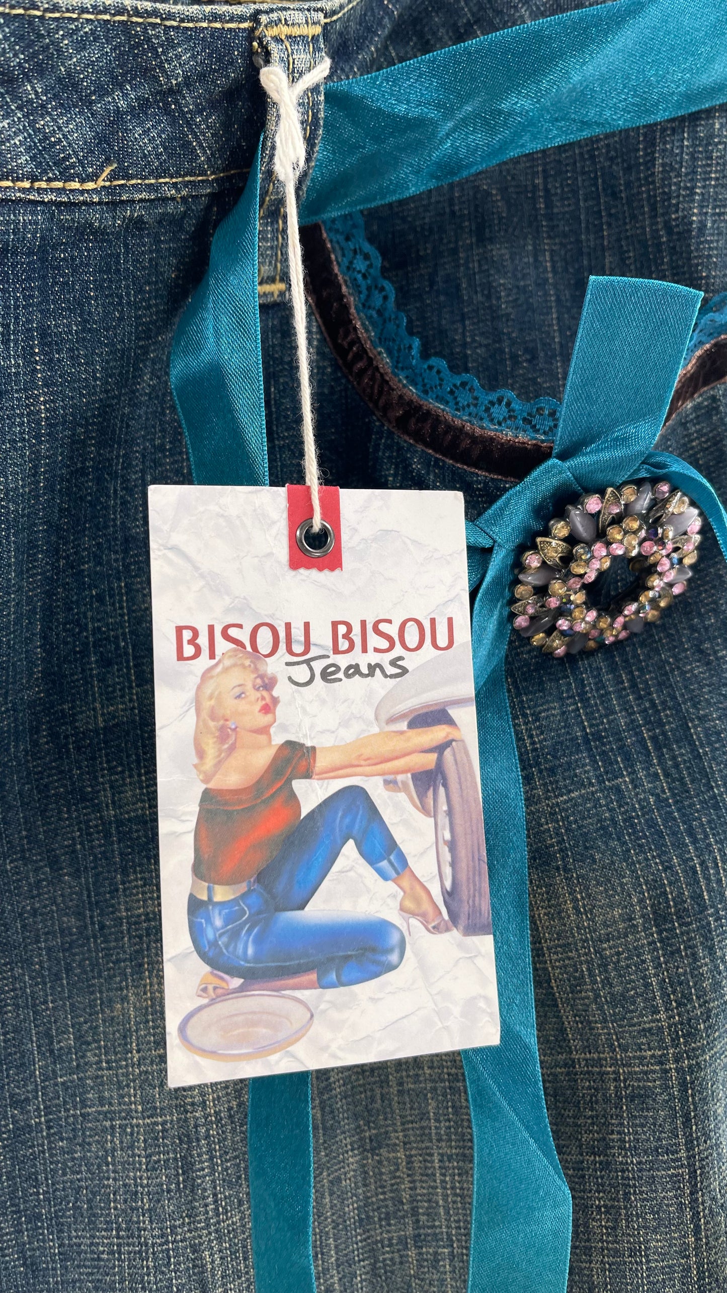 Deadstock Vintage BISOU BISOU Denim Flare Jeans with Embellishments (16)