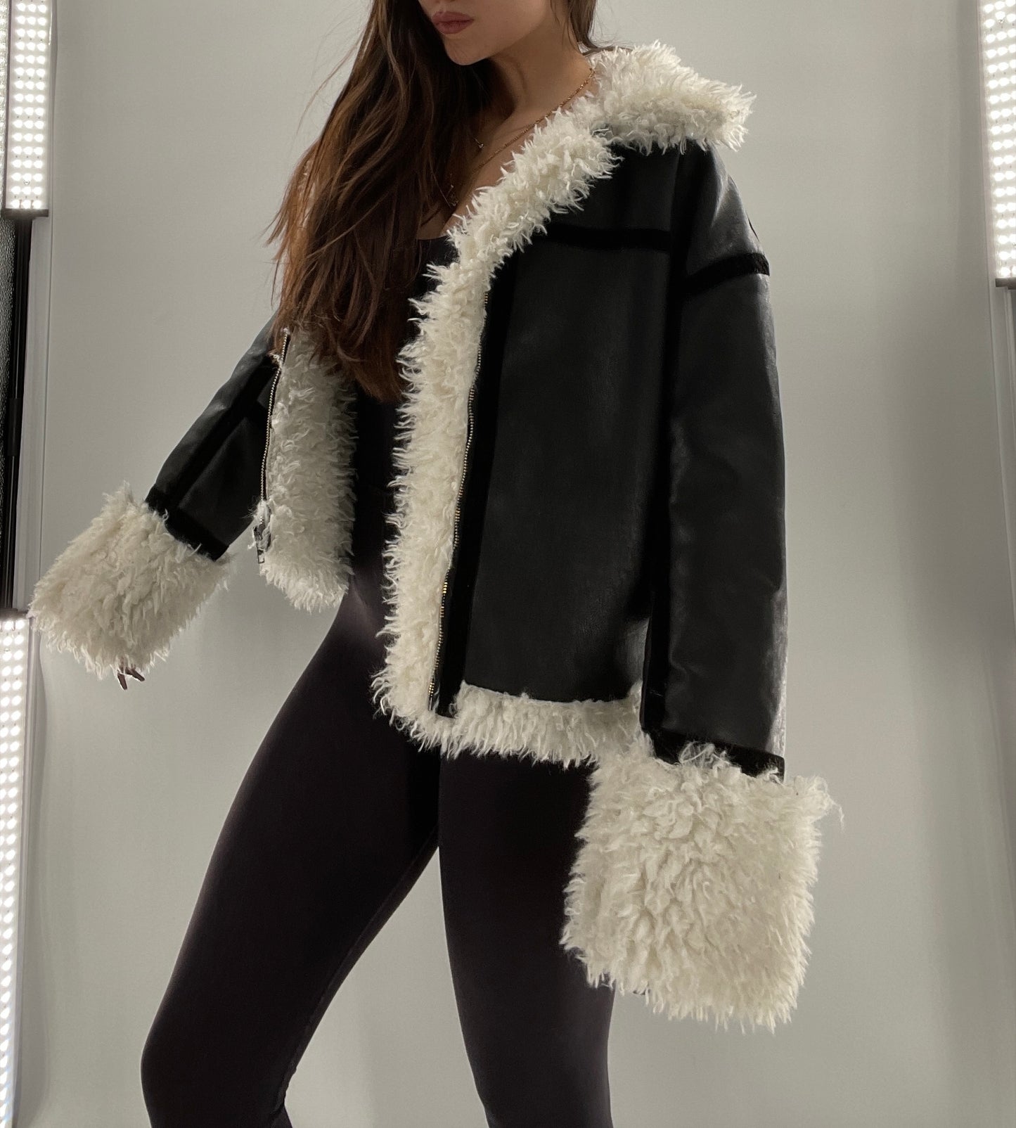LIONESS Phoenix Jacket Black Faux Leather White Fur Trim (XS)