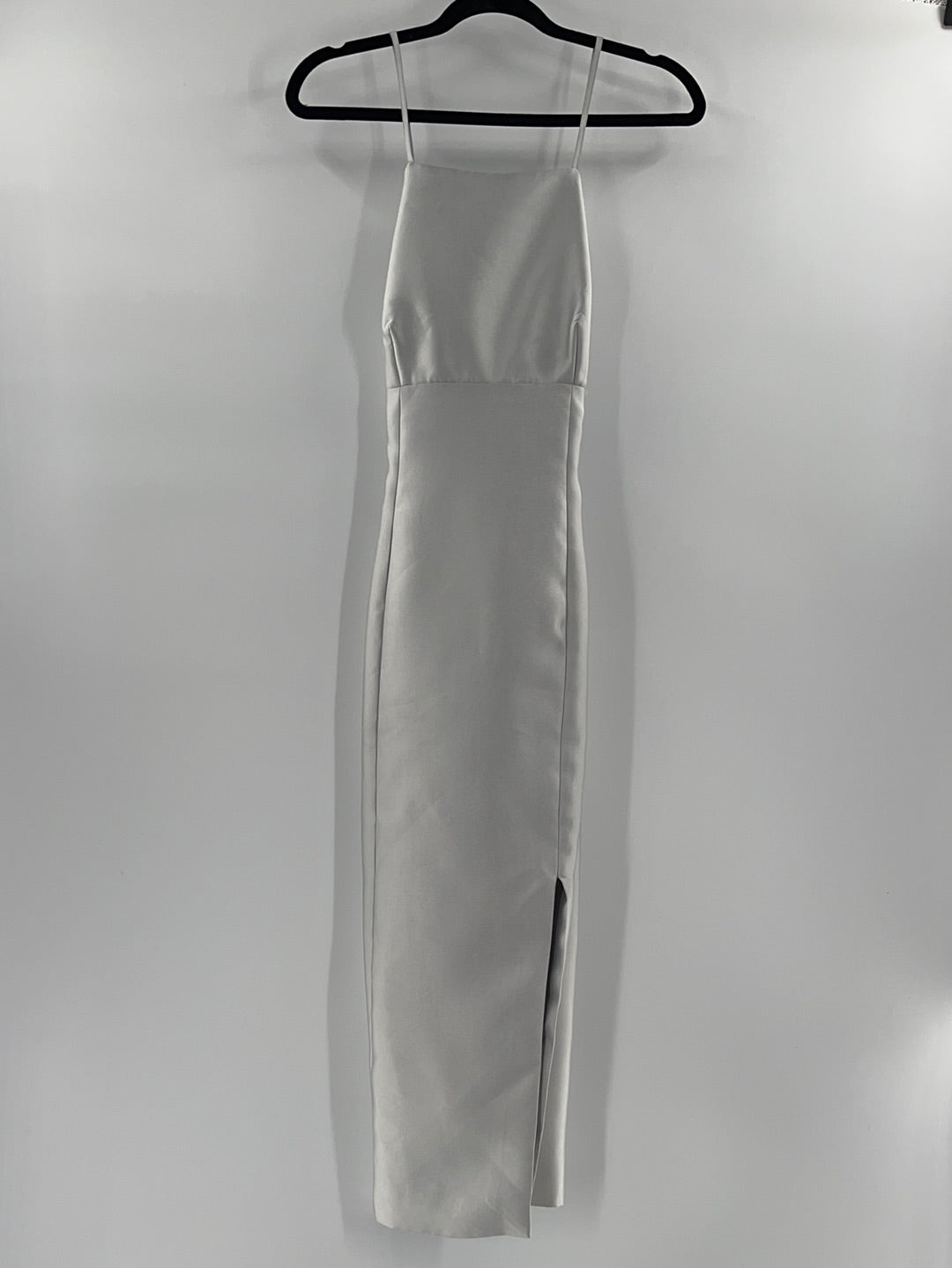 Keepsake - Anthropologie - Satin Silver Sleeveless Maxi Dress With Spaghetti Straps (Size L) - With Tag -