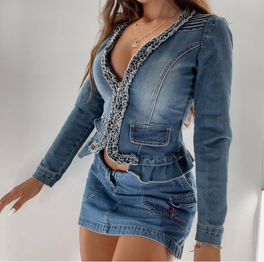 Flowers Miss  Vintage Denim Jacket Denim aLong Sleeve Jacket Size M