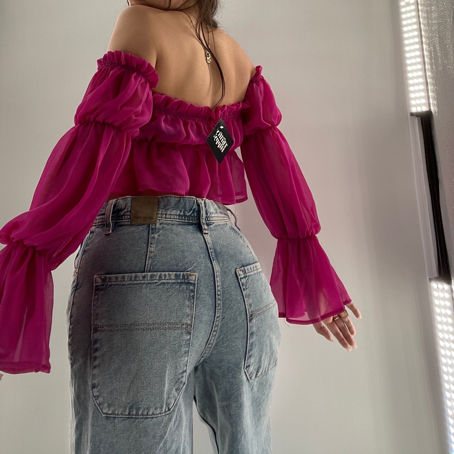 Fashion Nova Fuchsia Sheer Long Sleeve Crop (Small)