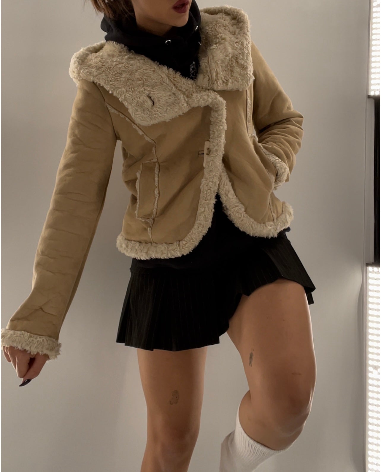 Faux Suede Faux Fur Trim Jacket
