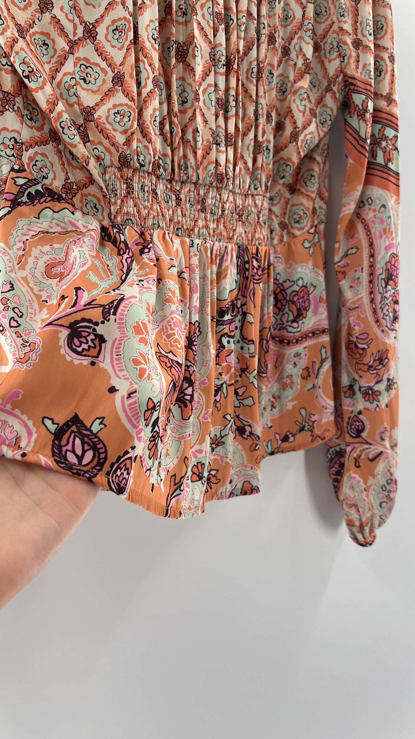 Free People Silky Orange Paisley Tie Front Blouse (M)