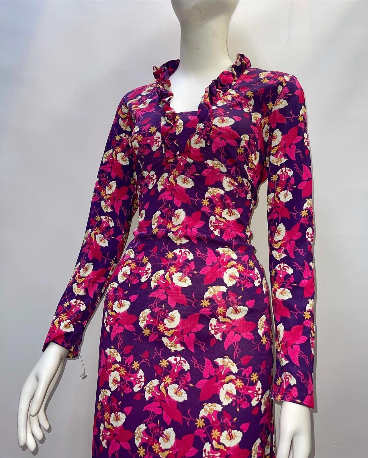 Vintage 1970s Floral Long Sleeve Maxi Dress (XS)