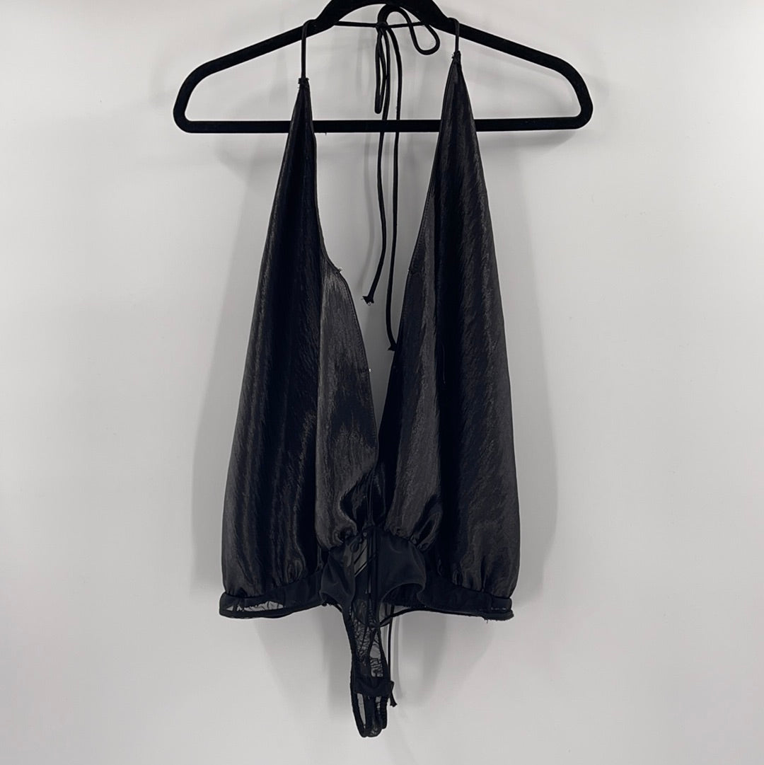 Intimately Free People Black Satin Bodysuit (L)