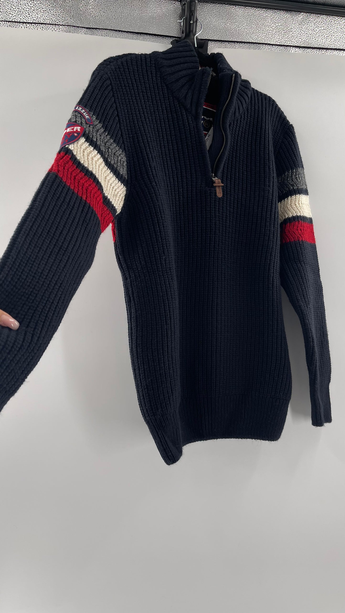 Superdry Navy Thick Knit Ski Dog Quarter Zip Henley (XL)
