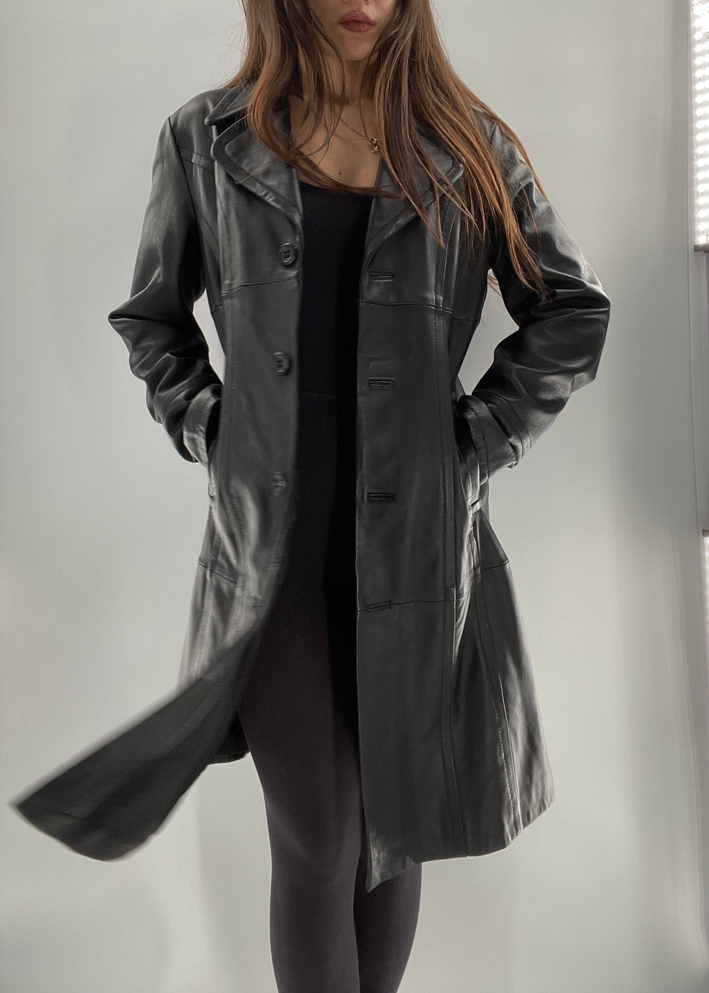 Vintage Black Leather Collared Midi Coat (Small)
