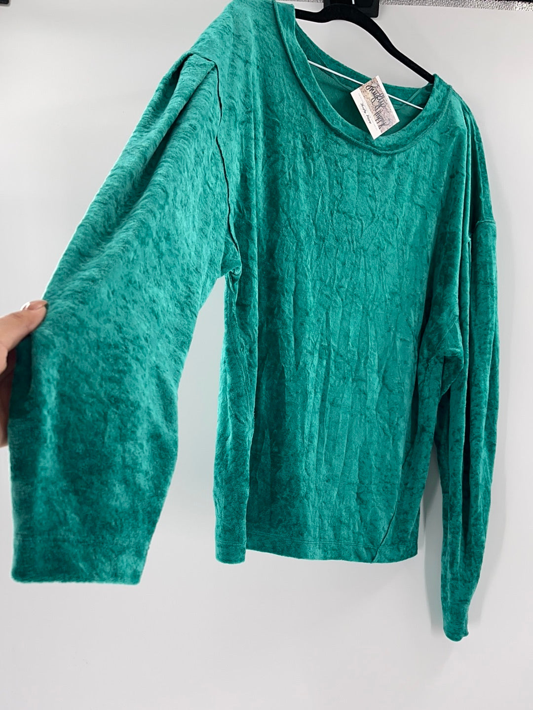 Free People -WE THE FREE Milan Crushed Velvet Long Balloon Sleeve Green Top (Size Large)