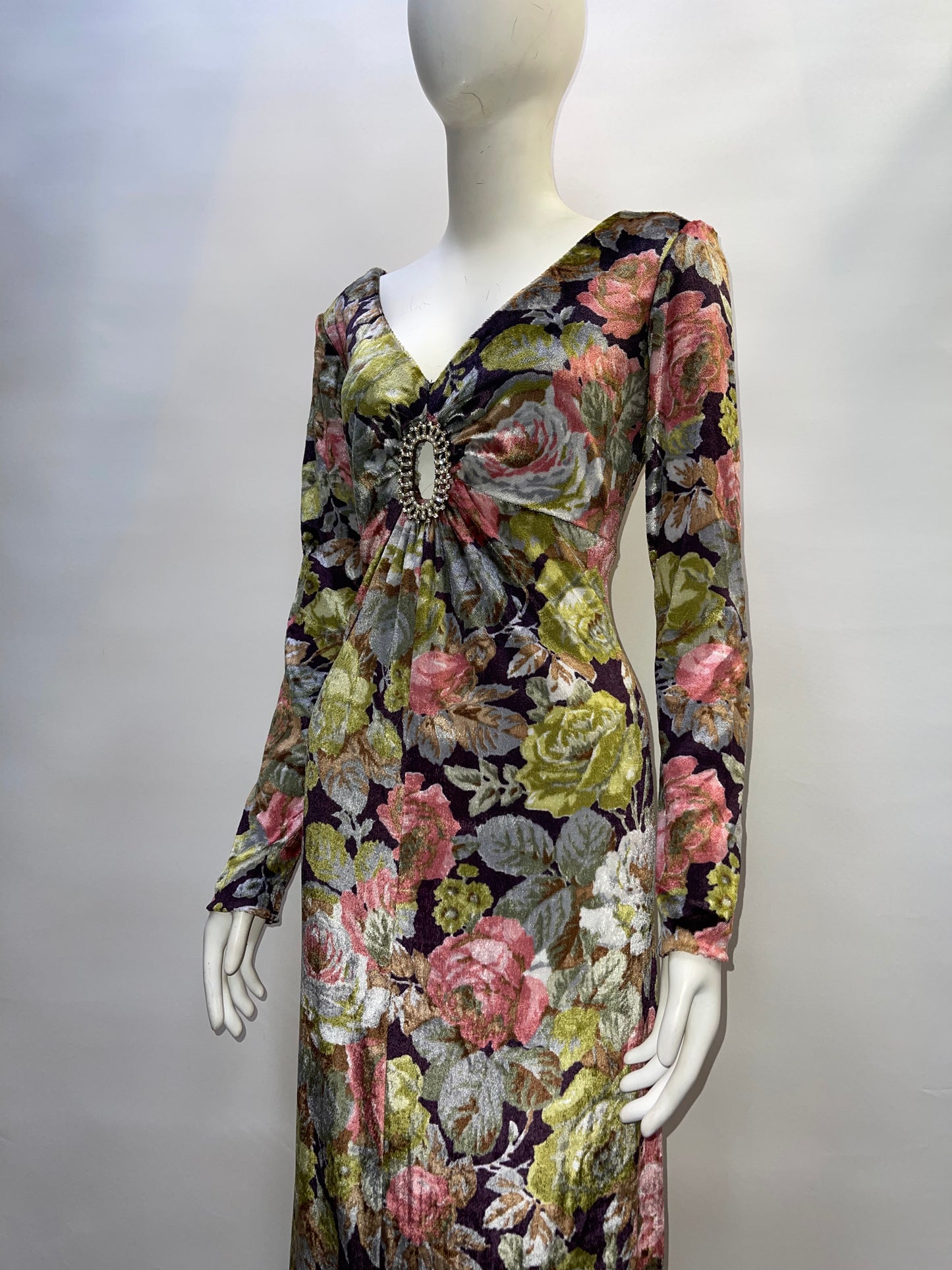 Workers Union (Vintage) Handmade Flowered Velour With Rhinestone Broche Maxi Dress (Sized M)