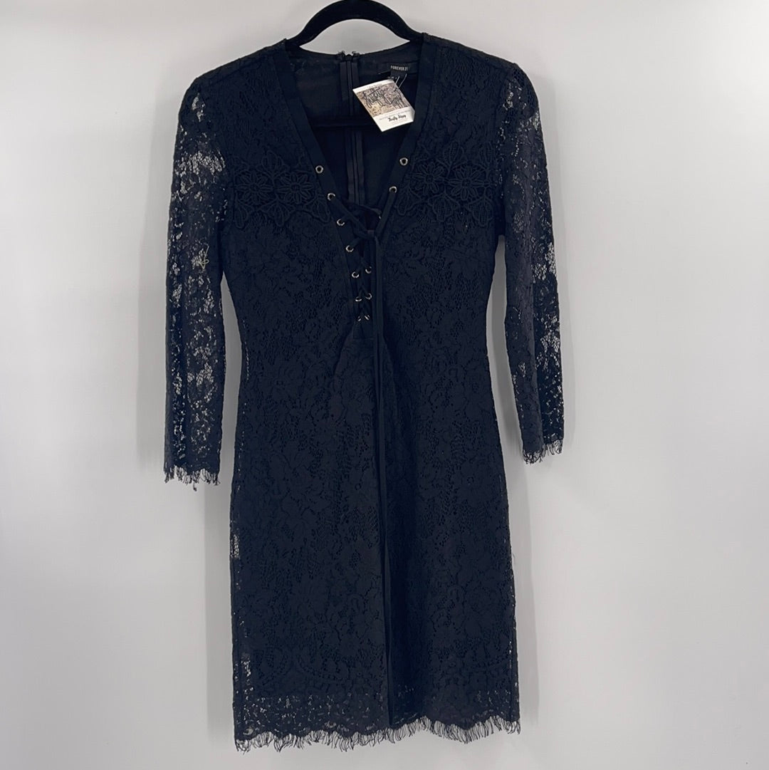 Black Lace, Tie Up Mini Dress (Small)