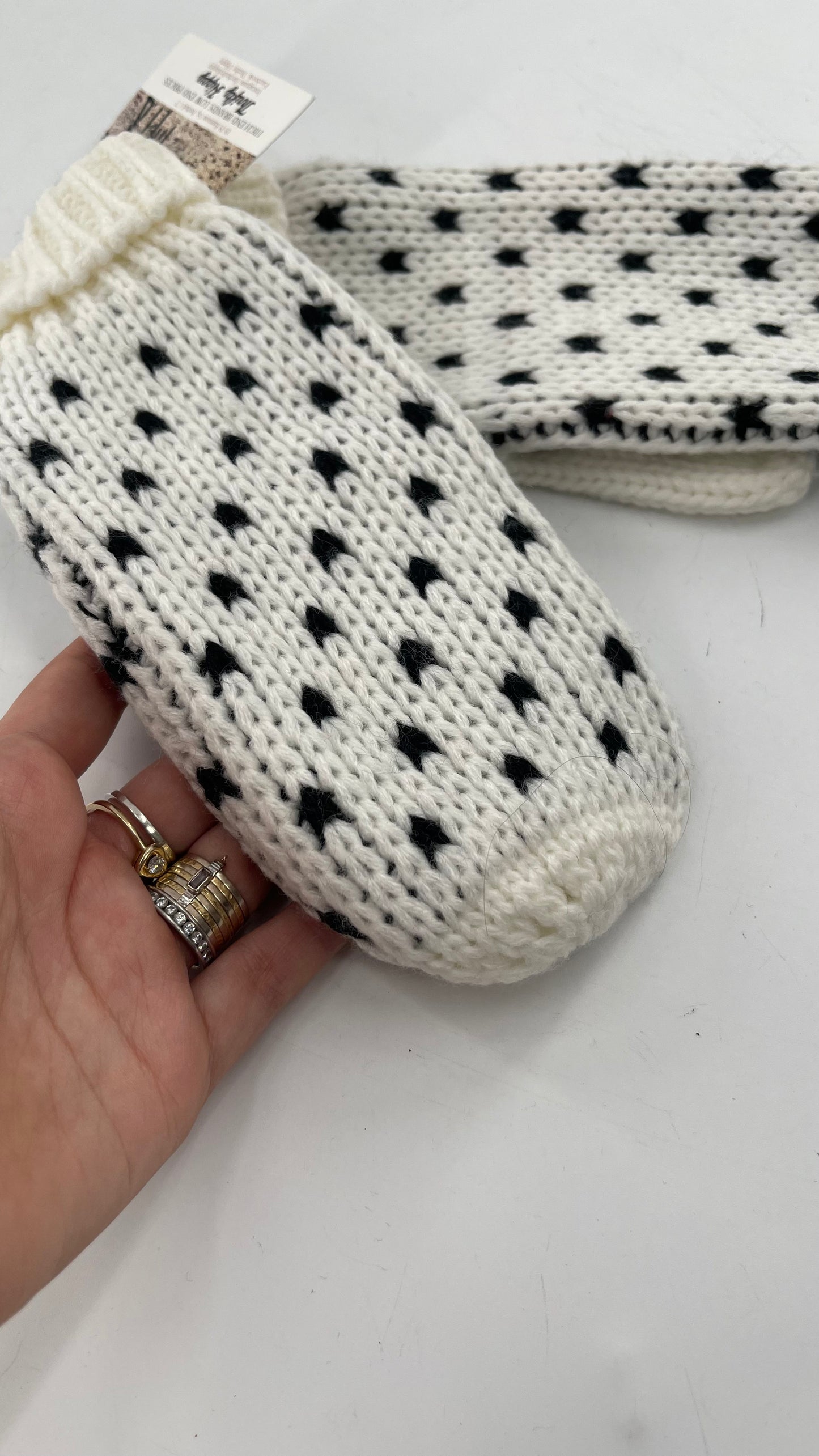 Free People White Knit Mittens with Black Pattern