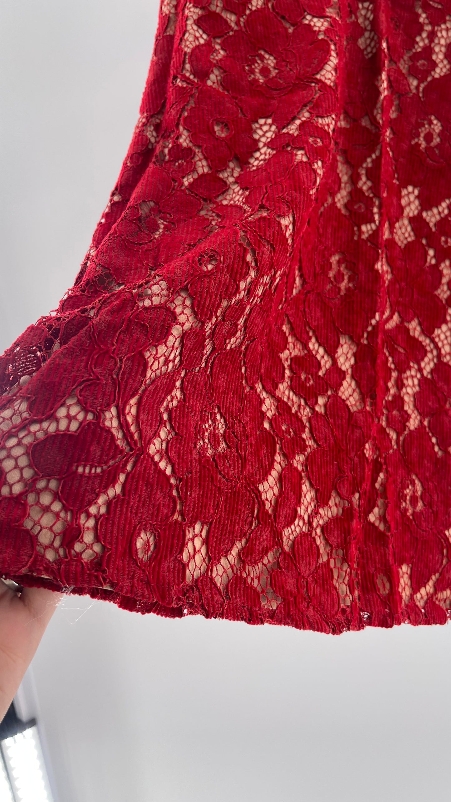 Free People Red Corduroy Lace Over Nude Underlay Sleeveless Mini Dress (Size 0)