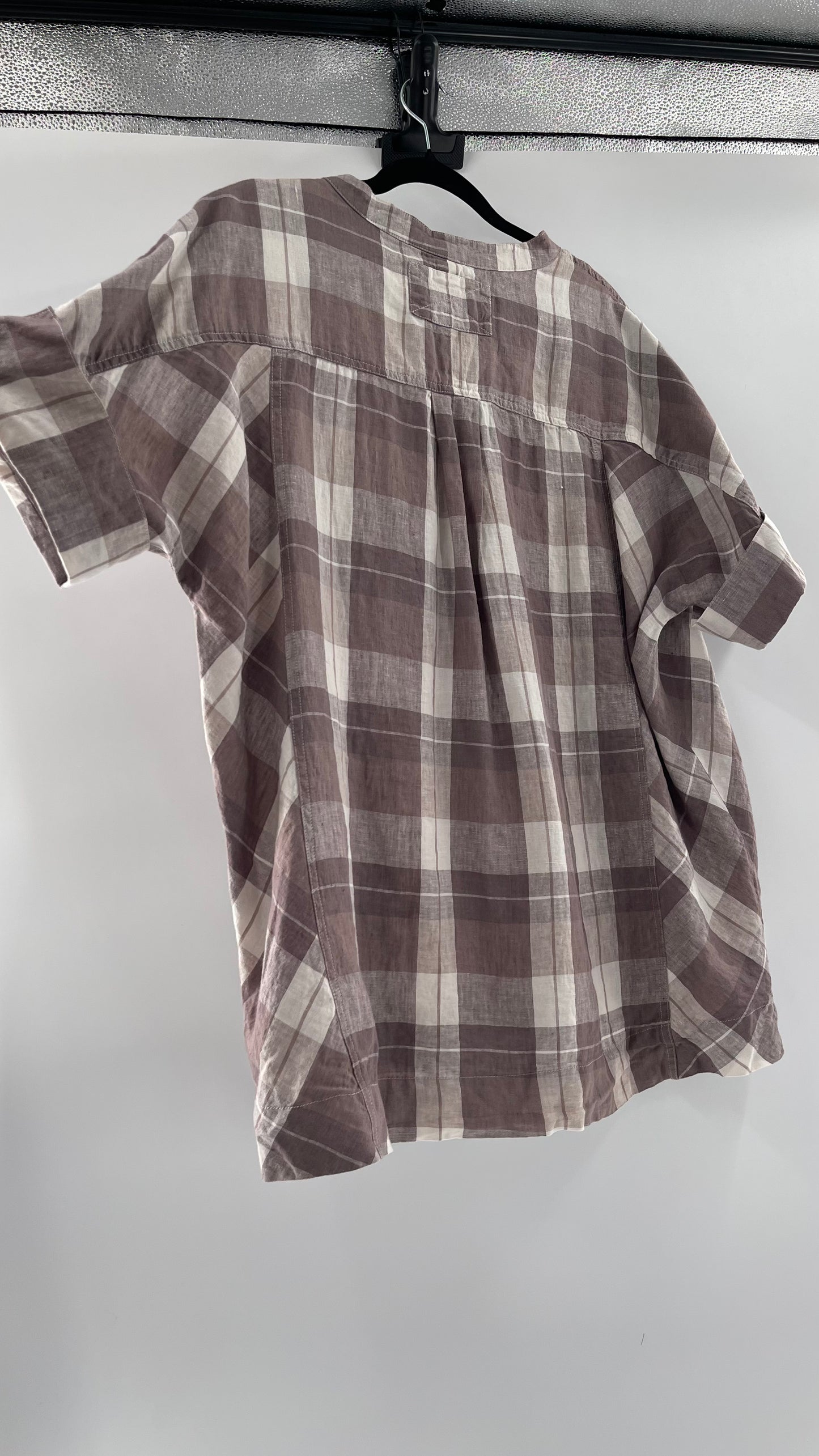 Free People 100% Linen Plaid Grey Short Sleeve (Small)