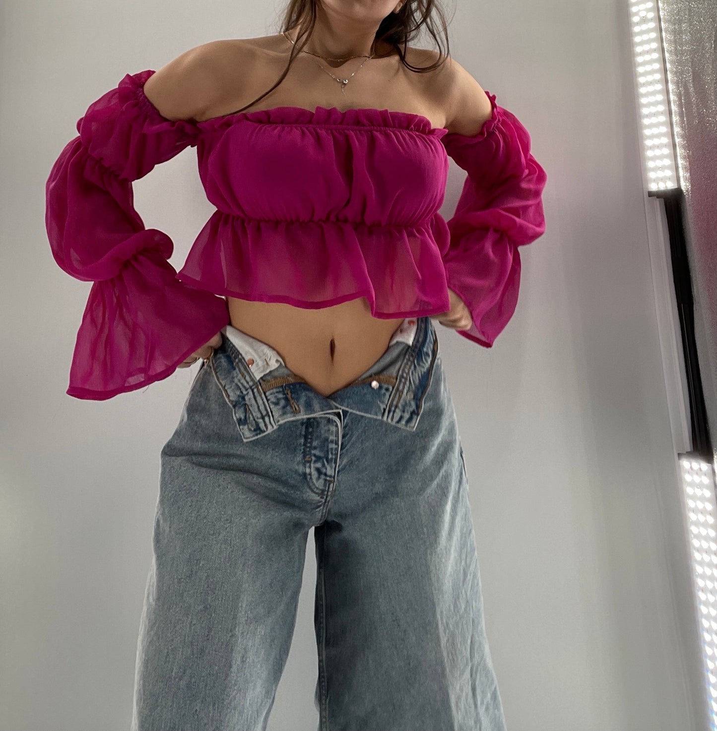 Fashion Nova Fuchsia Sheer Long Sleeve Crop (Small)