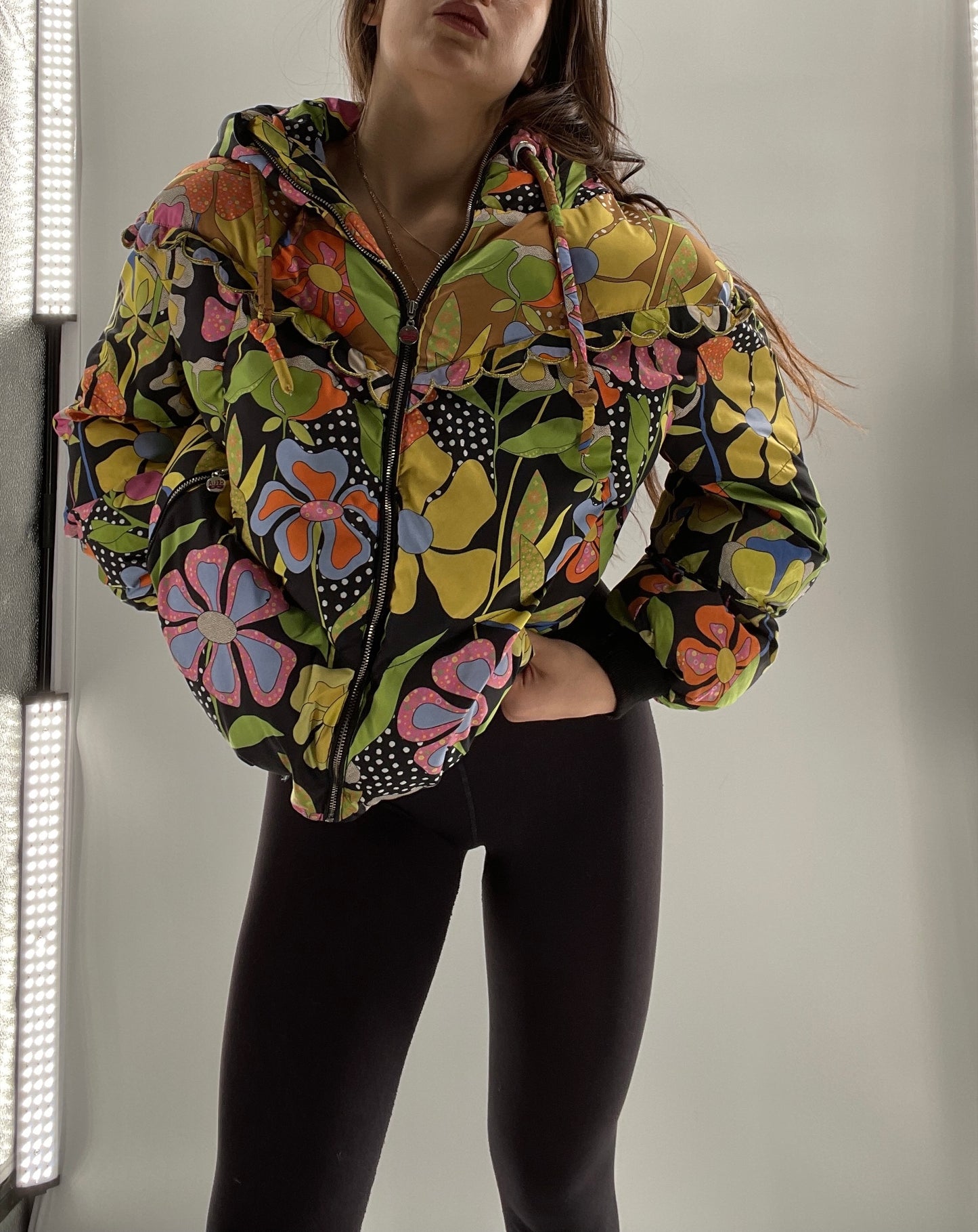 CELIA B Oregon Black Puffer with Contrast Colorful Flowers (Small)