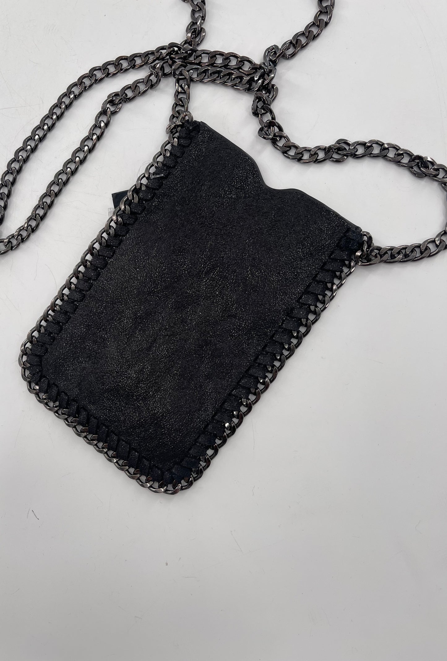 Metallic Black Leather Chain Lined Phone Pouch
