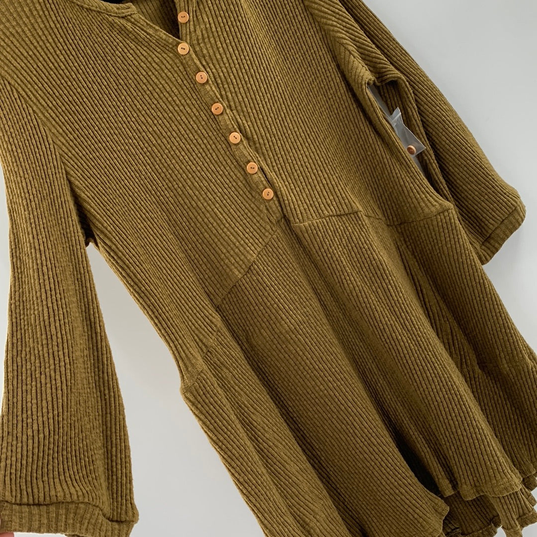 Free People Beach Long Sleeve Ribbed Knit Olive Green Midi Dress (Size XS)