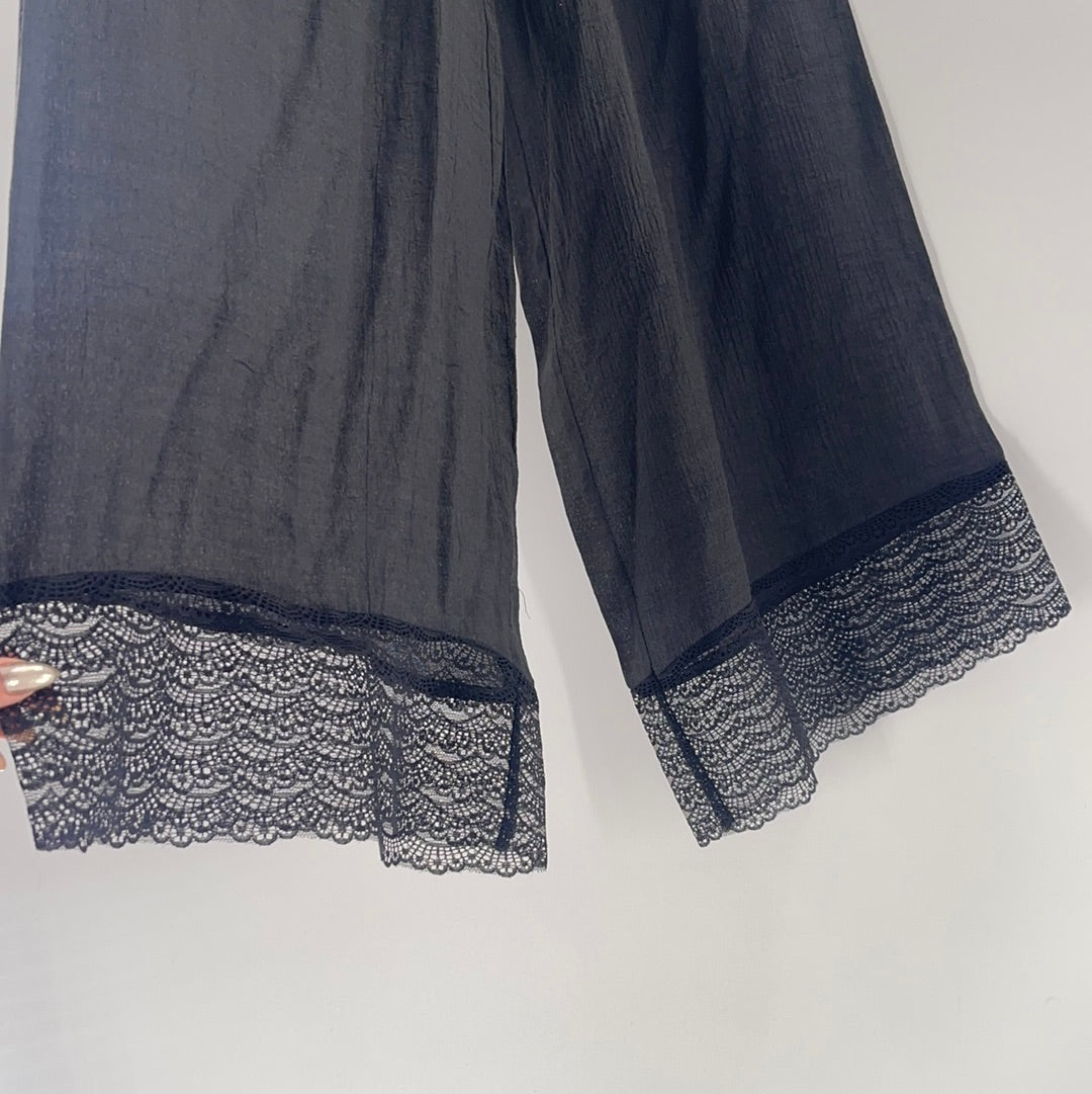 Black Faux Linen Wide Legs