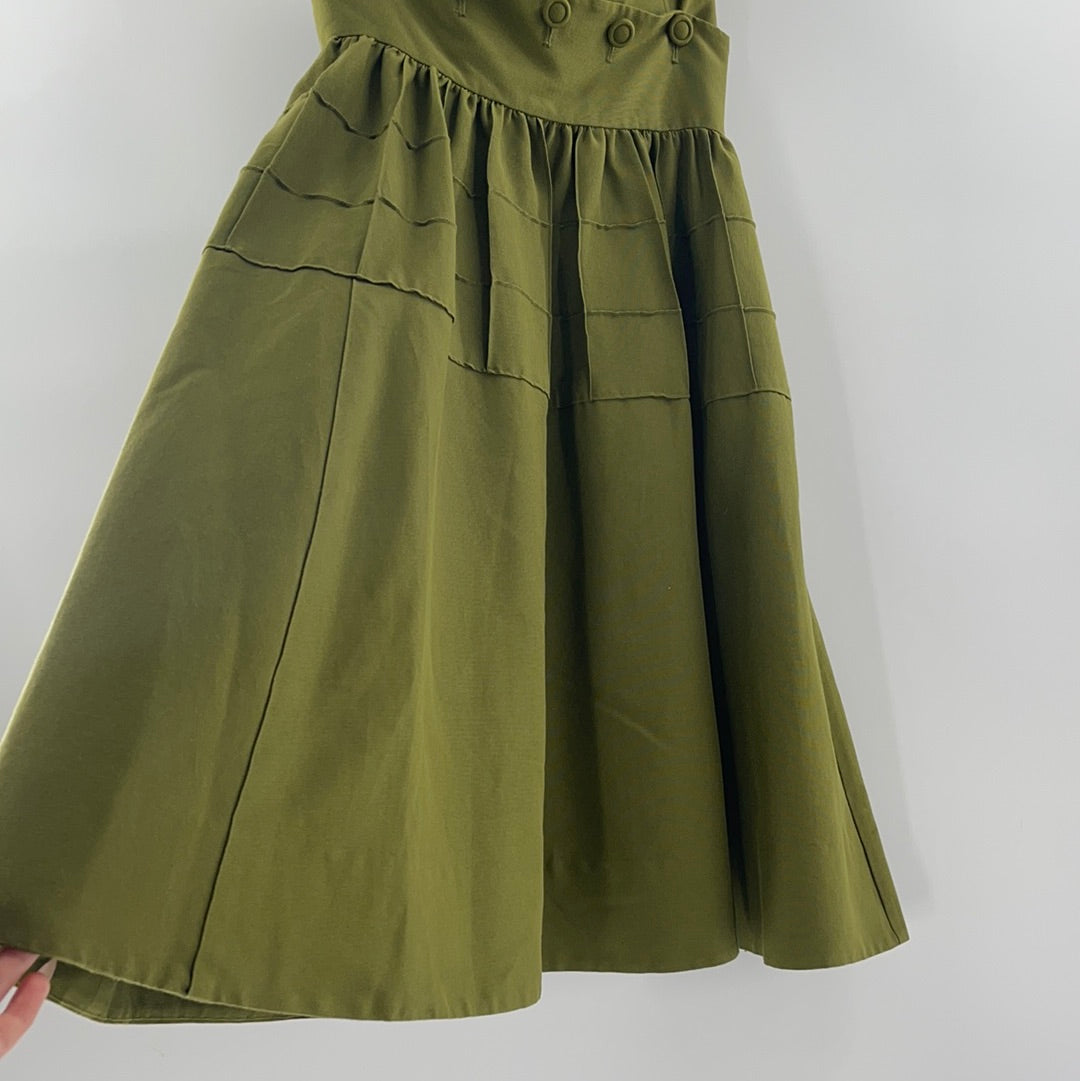 Maeve - Anthropologie Strapless Oliver Green Pleated MIDI Dress - Buttoned Under Breast- Could Separate and Make a 2 Piece Set - (Size 4)