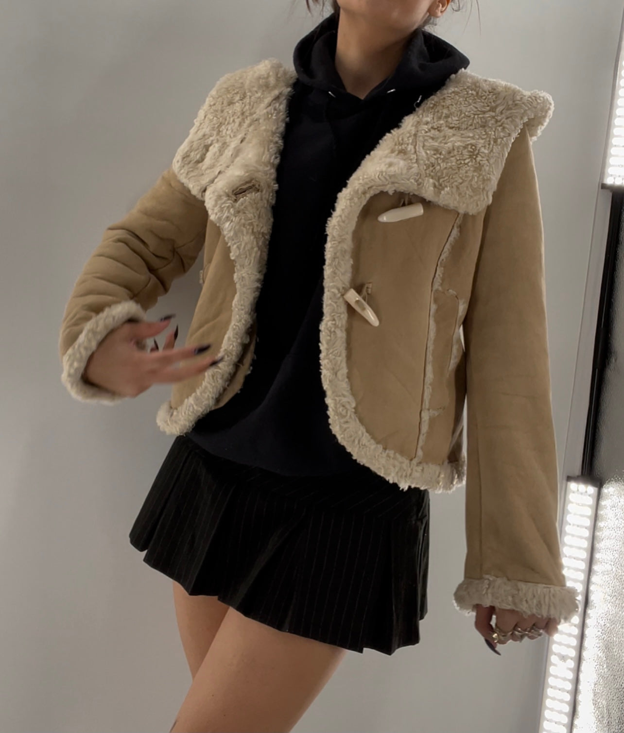 Faux Suede Faux Fur Trim Jacket