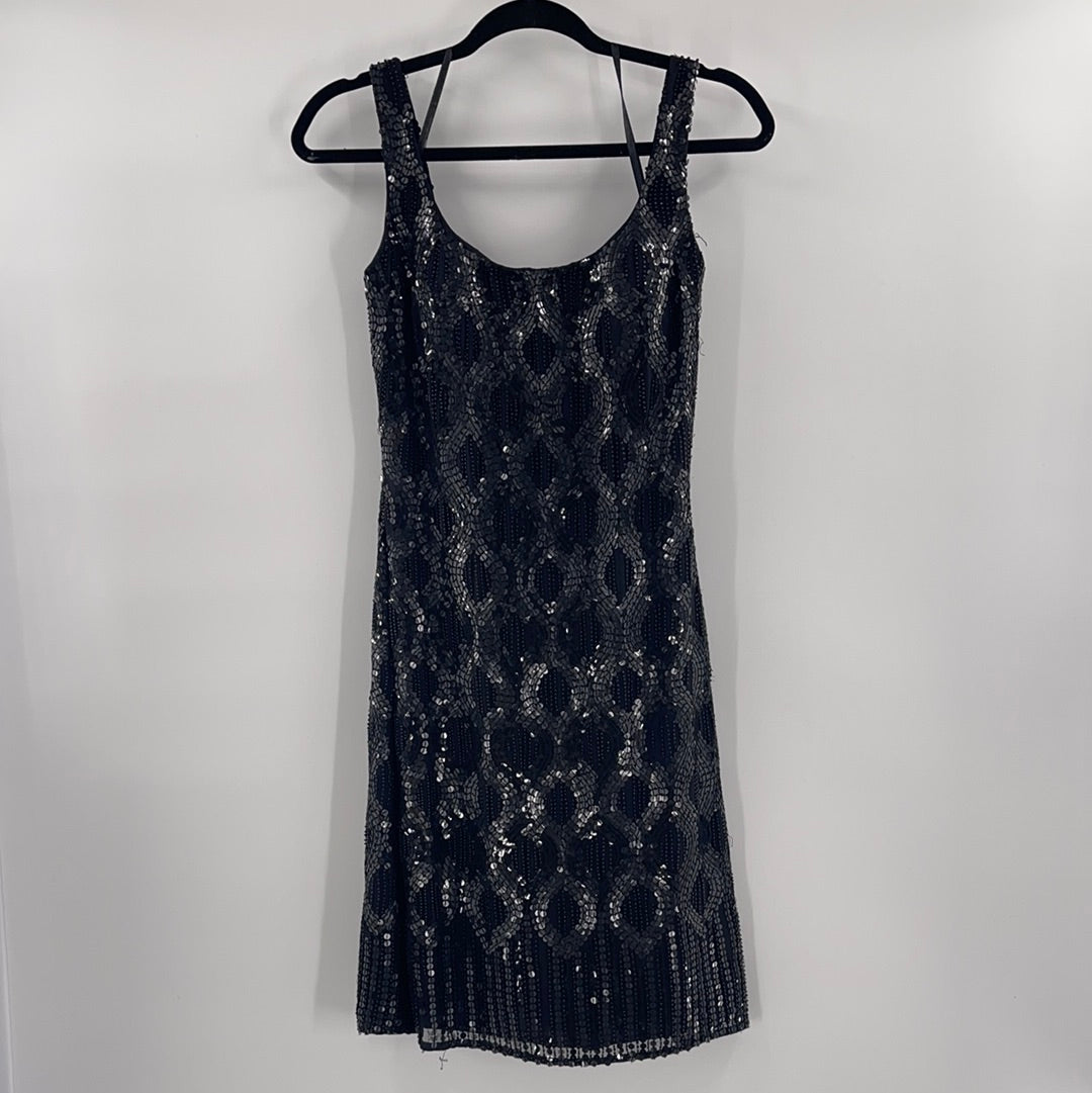 Vintage Scala Sequin with Beaded Embellishments Black Sleeveless Mini Dress (Size 6)