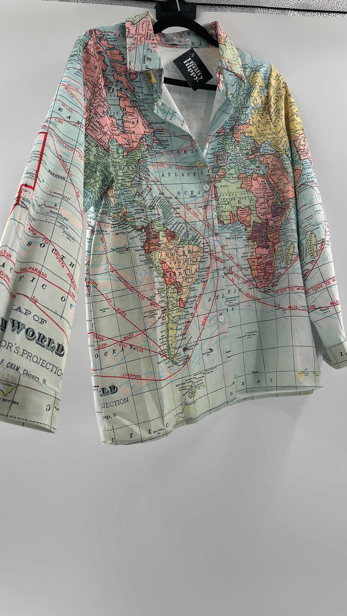 MISSLOOK Globe Map Long Sleeve Graphic Button Up (Medium)