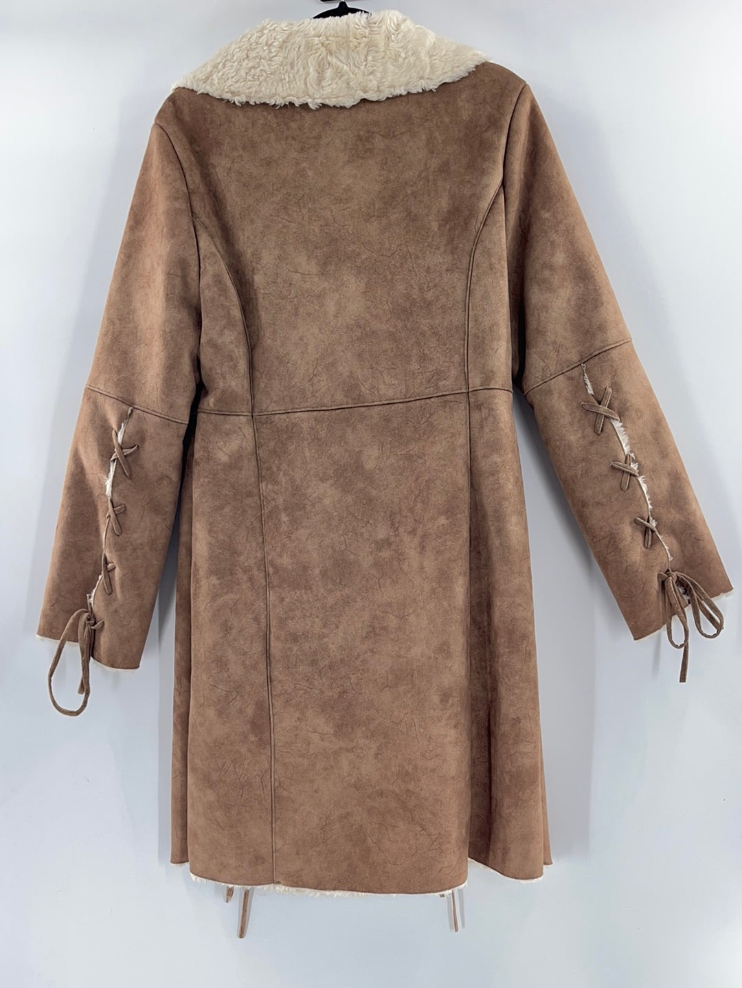 Prague Faux Brown Suede Shearling Lining Lace Up Detail on Sleeves and Front of Coat (Size Large)