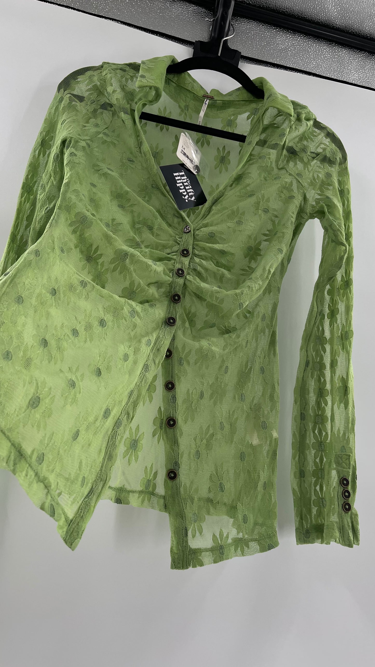Free People Flower Fields Green Lace Collared Button Up (Small)