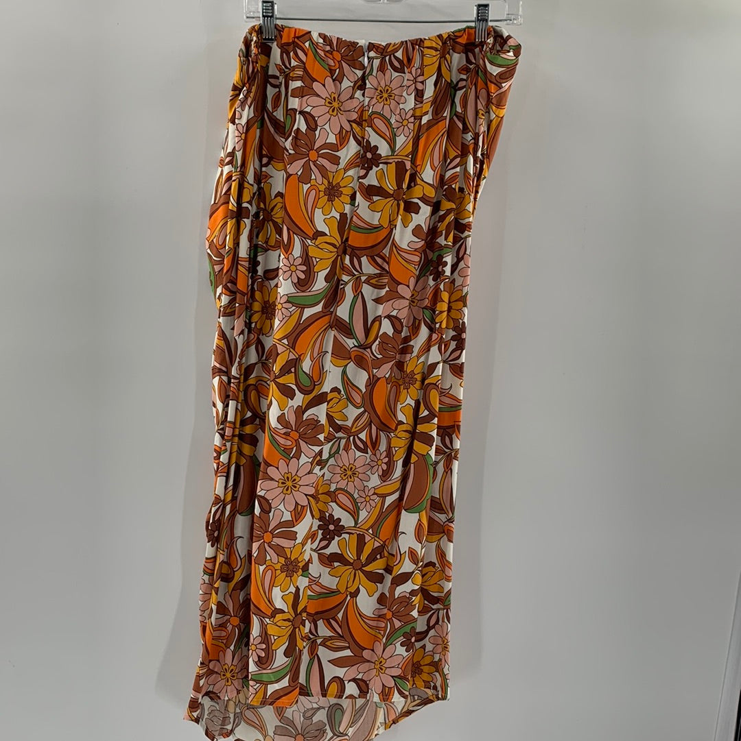 Brown / Orange Flower Cinched Side Split Skirt (Size 18)