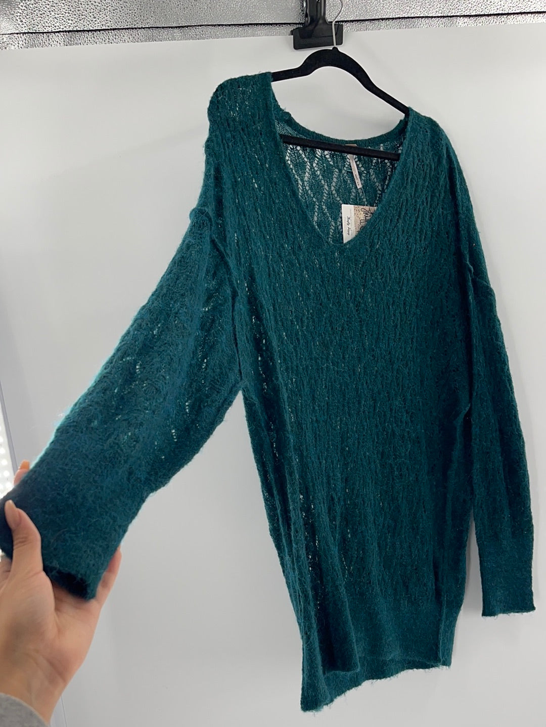 Free People Sheer Green Oversized Sweater (Size Medium)