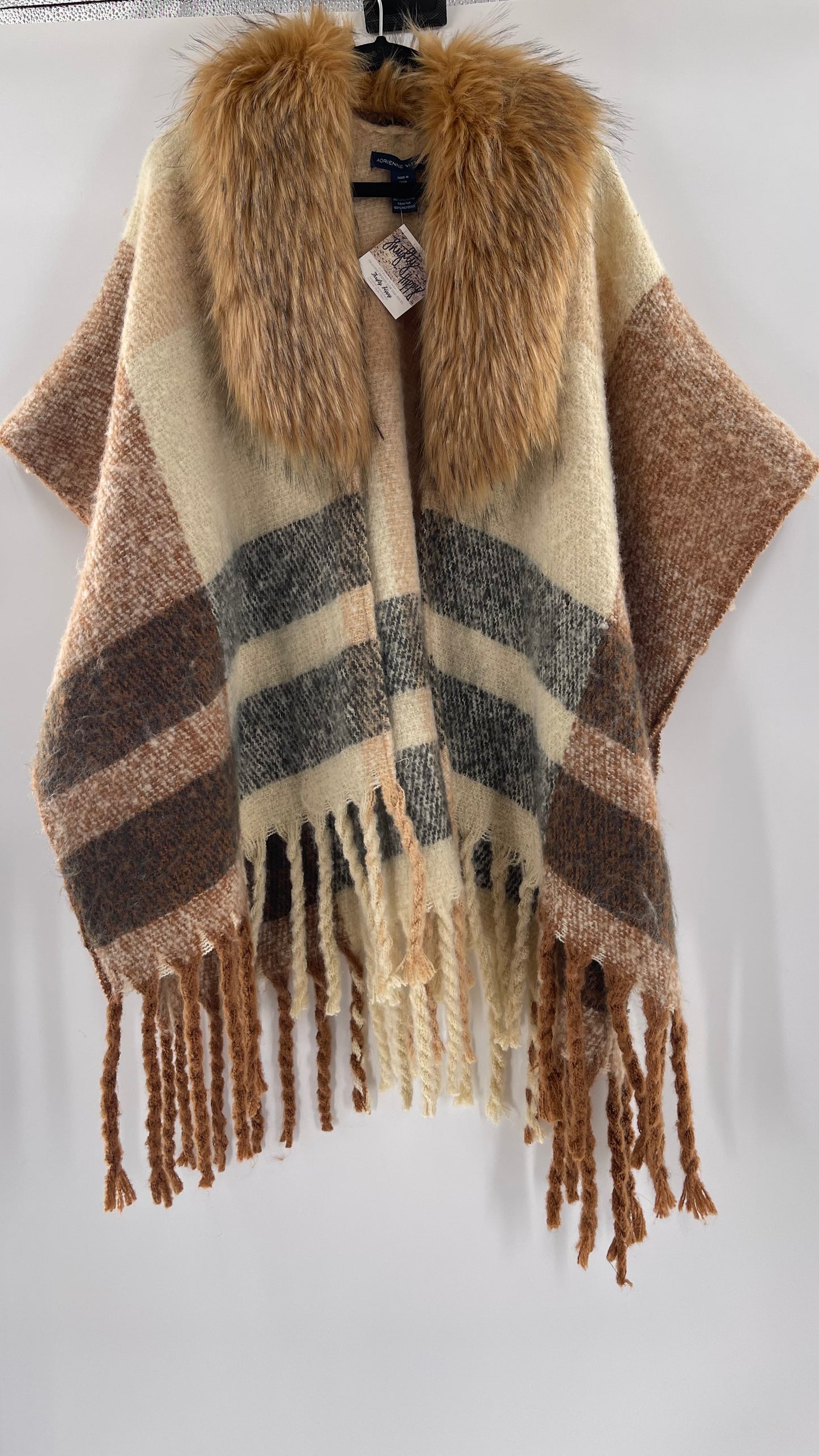 Adrienne Vitadinni Fringe Plaid Fur Collar Cape (OS)