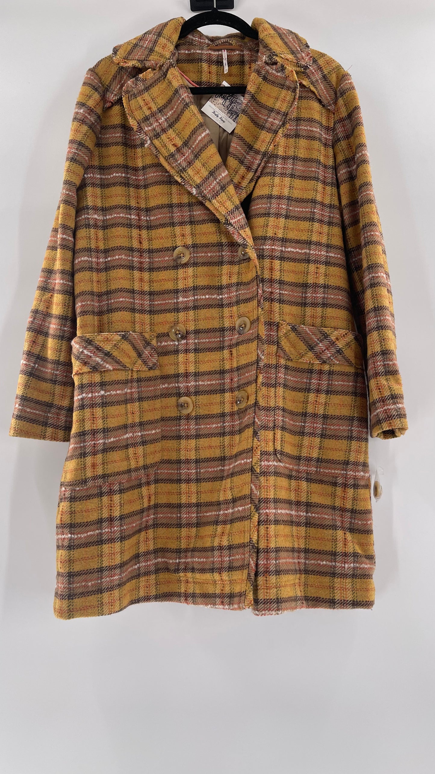 Free People Mustard  Plaid Coat - Size XS