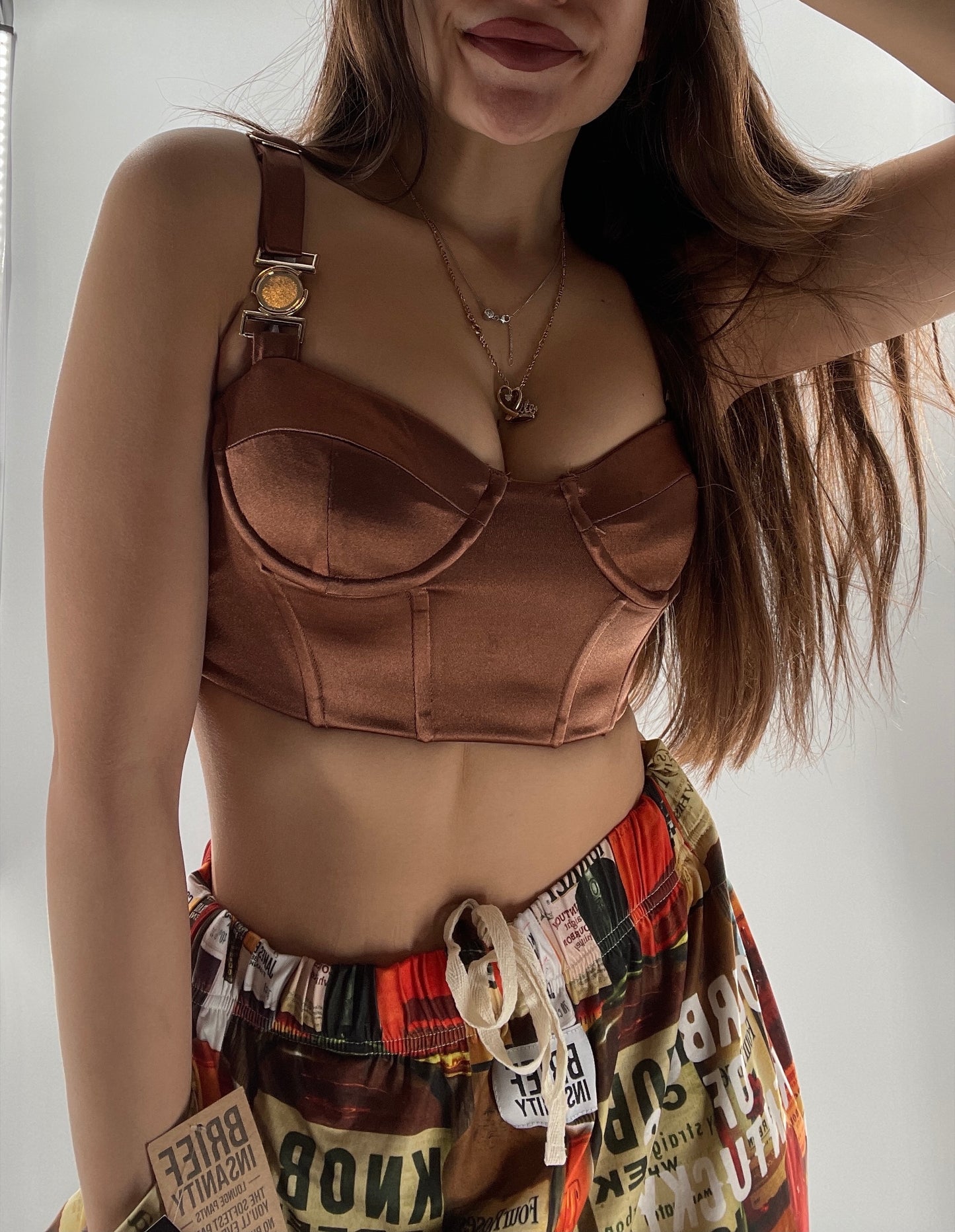 Princess Polly Brown Cropped Corset with Gold Medallion (2)