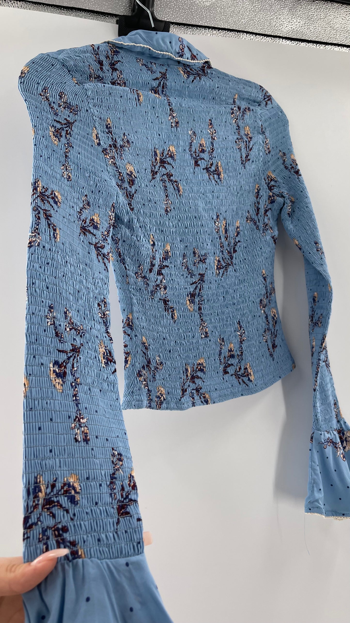 Free People Powder Blue Smocked, Collared, Bell Sleeved, Button Up (XS)