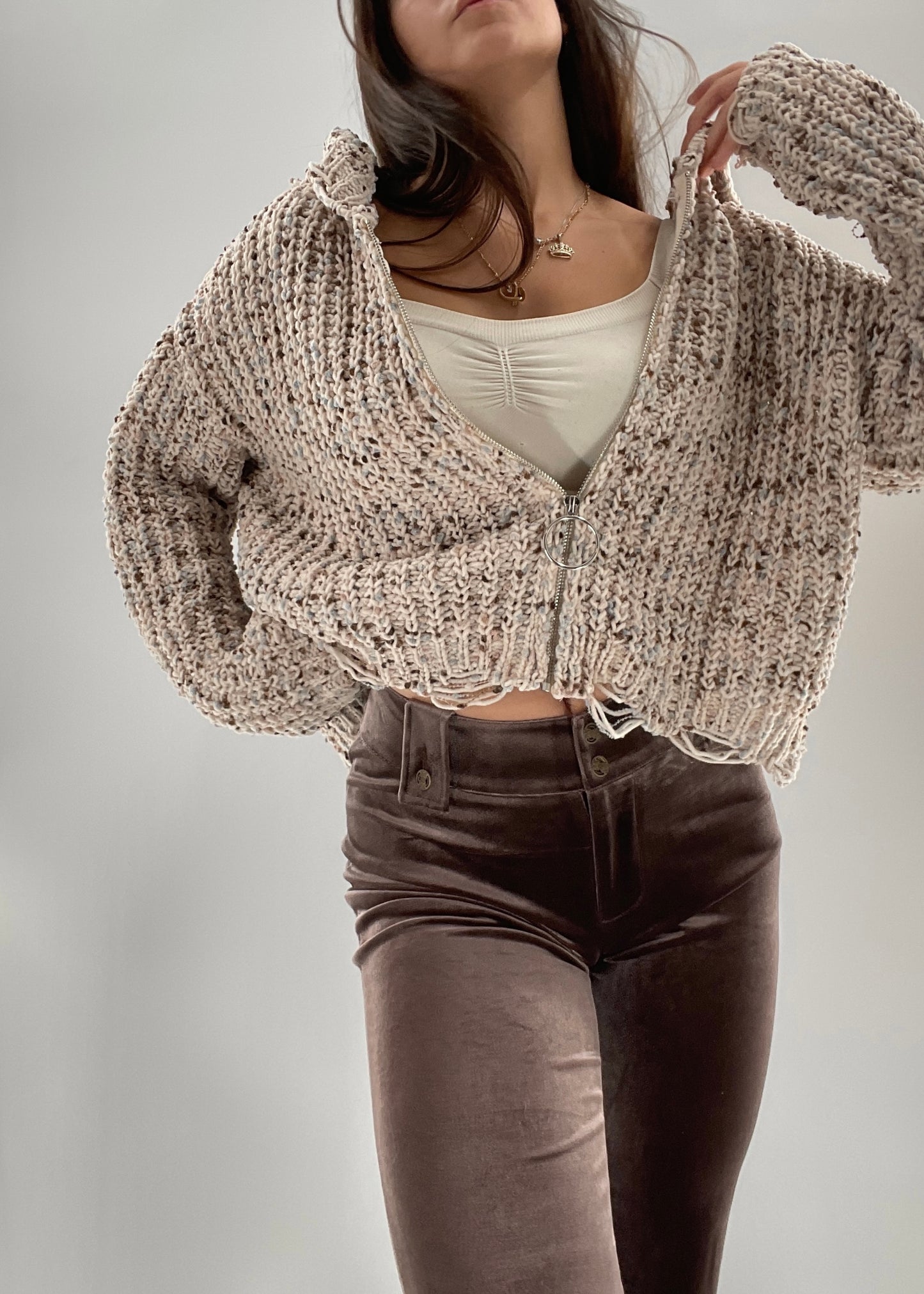 Miracle Distressed Chenille Zip Front Hoodie (S/M)