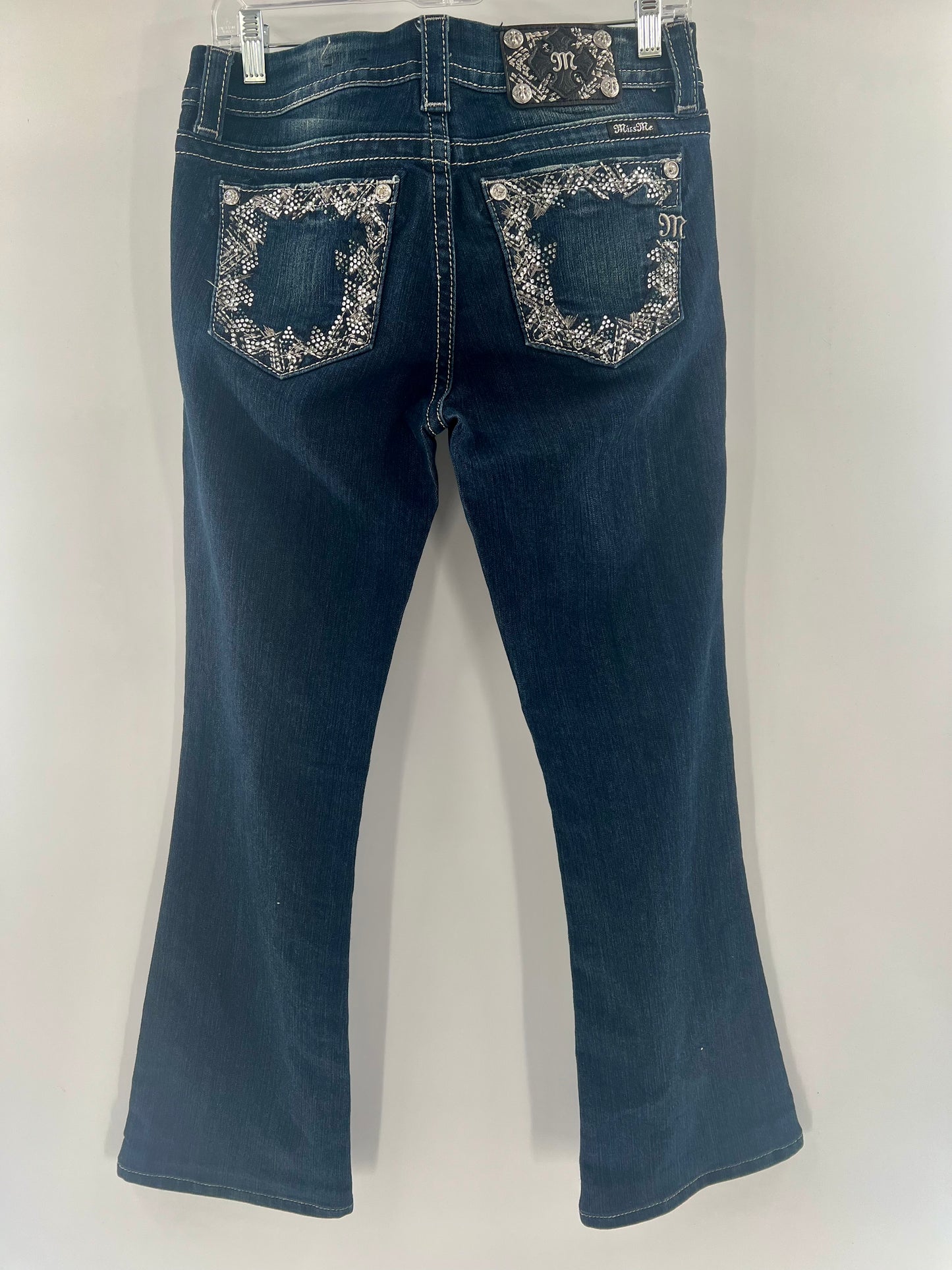 Miss Me Embroidered Rhinestone Gem Jeans With Unique Buttons and Stitching (Size 28)