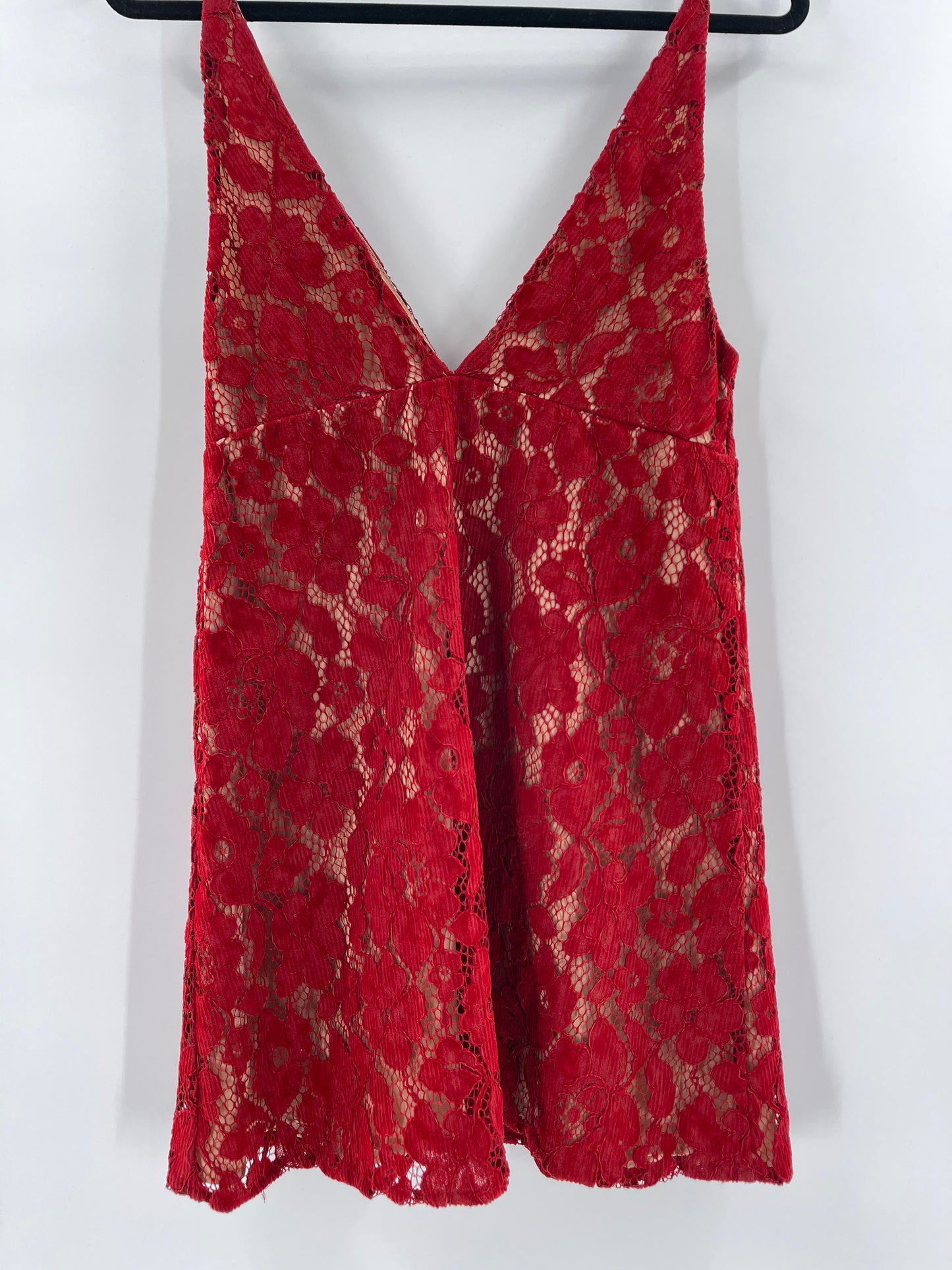 Free People Red Corduroy Lace Over Nude Underlay Sleeveless Mini Dress (Size 6)