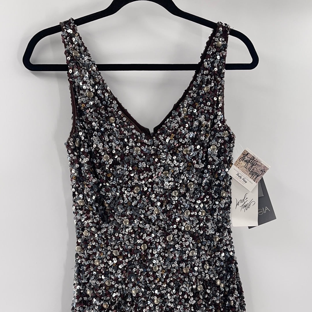 Theia (Vintage With Tag) Sequin and Beaded Mixed Metal Tones Sleeveless V Neck Midi Dress (Size 6)