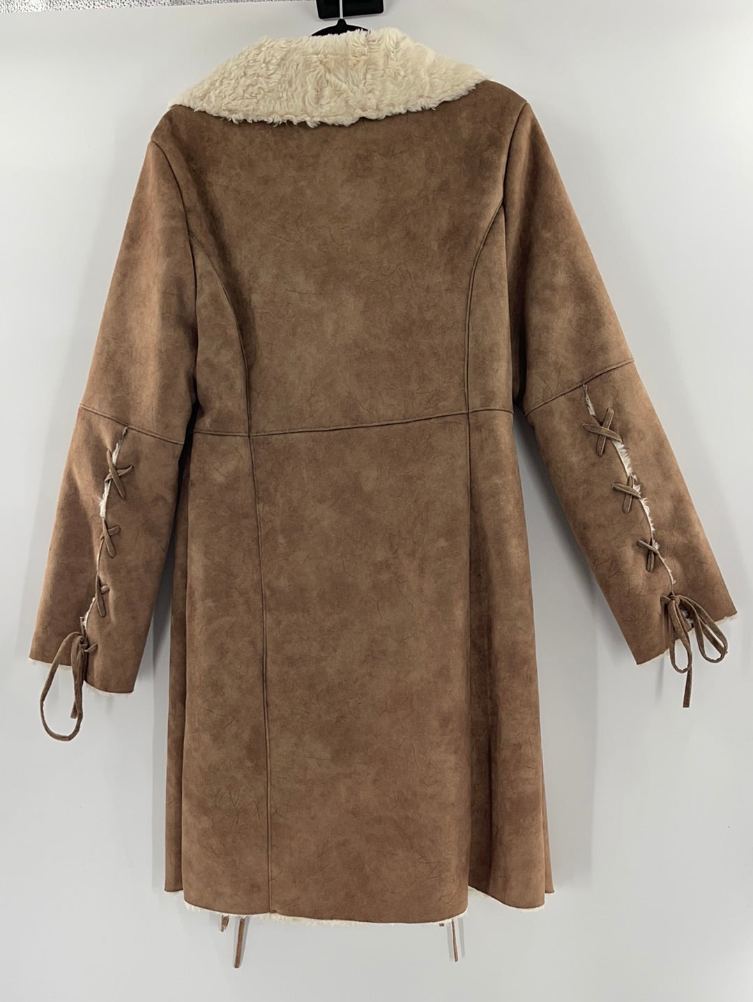 Prague Faux Brown Suede Shearling Lining Lace Up Detail on Sleeves and Front of Coat (Size Large)
