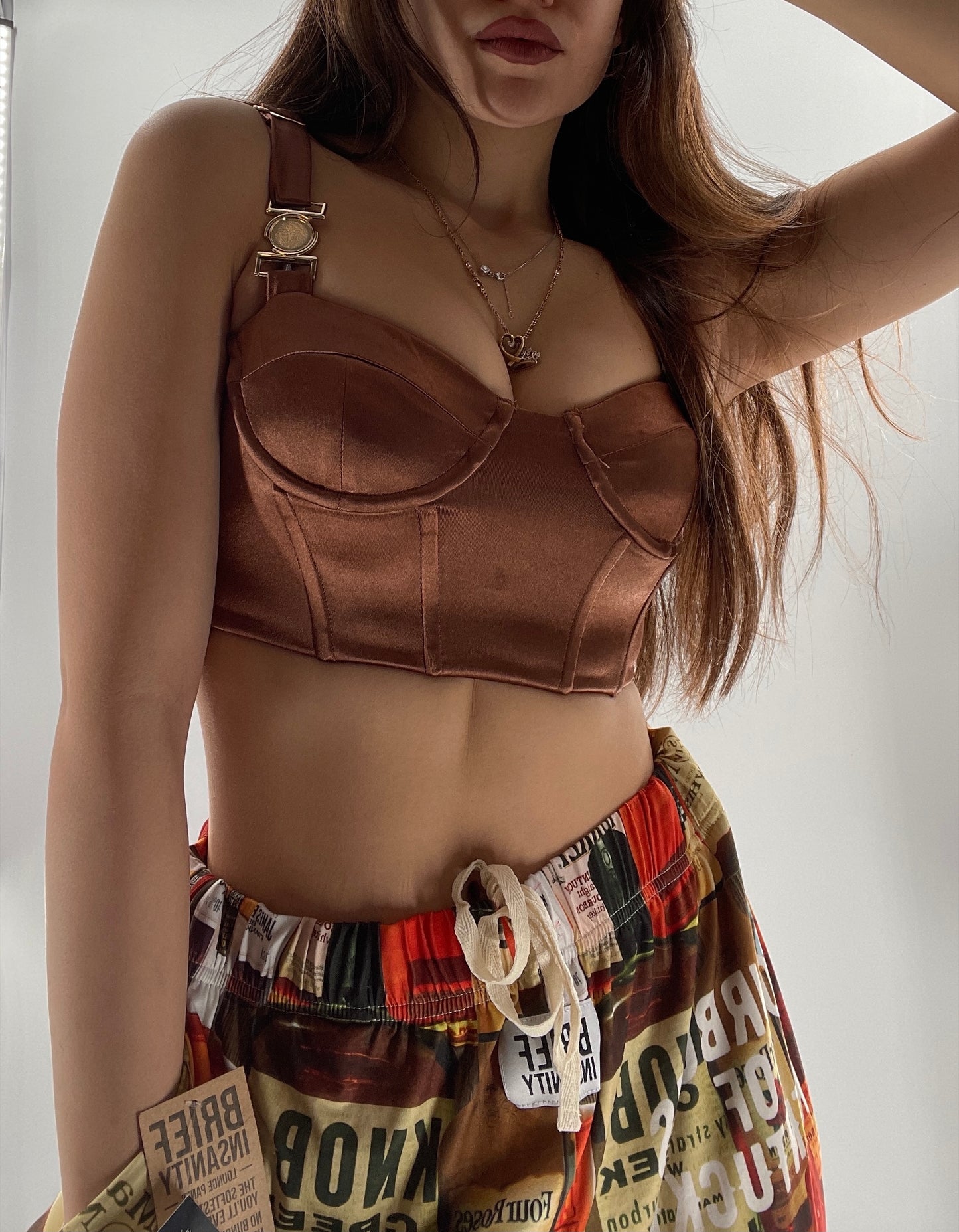 Princess Polly Brown Cropped Corset with Gold Medallion (2)