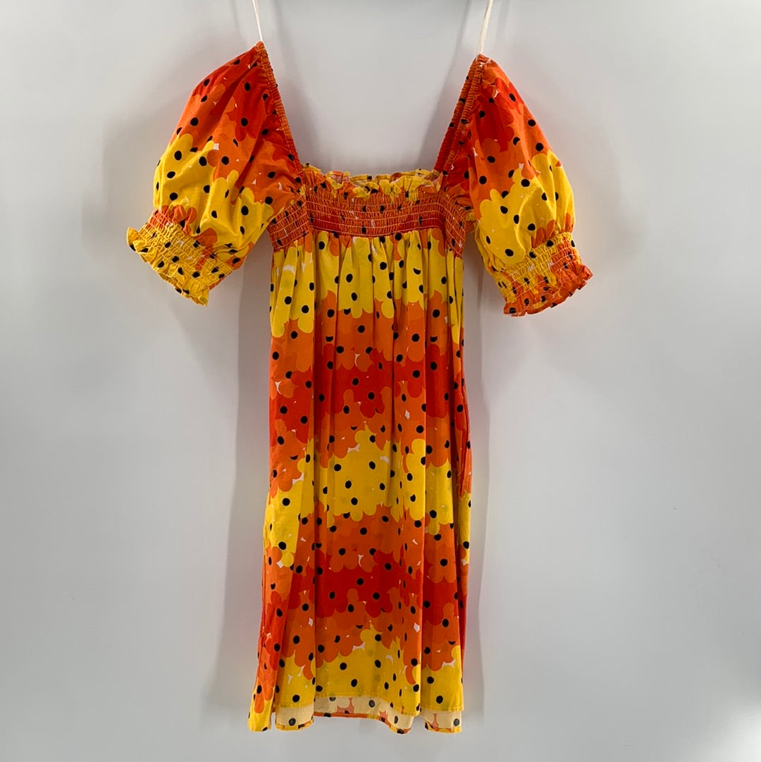 Urban Outfitters Flowered Yellow And Orange Print With Black Polka Dots Bubble Sleeves (Size XS)